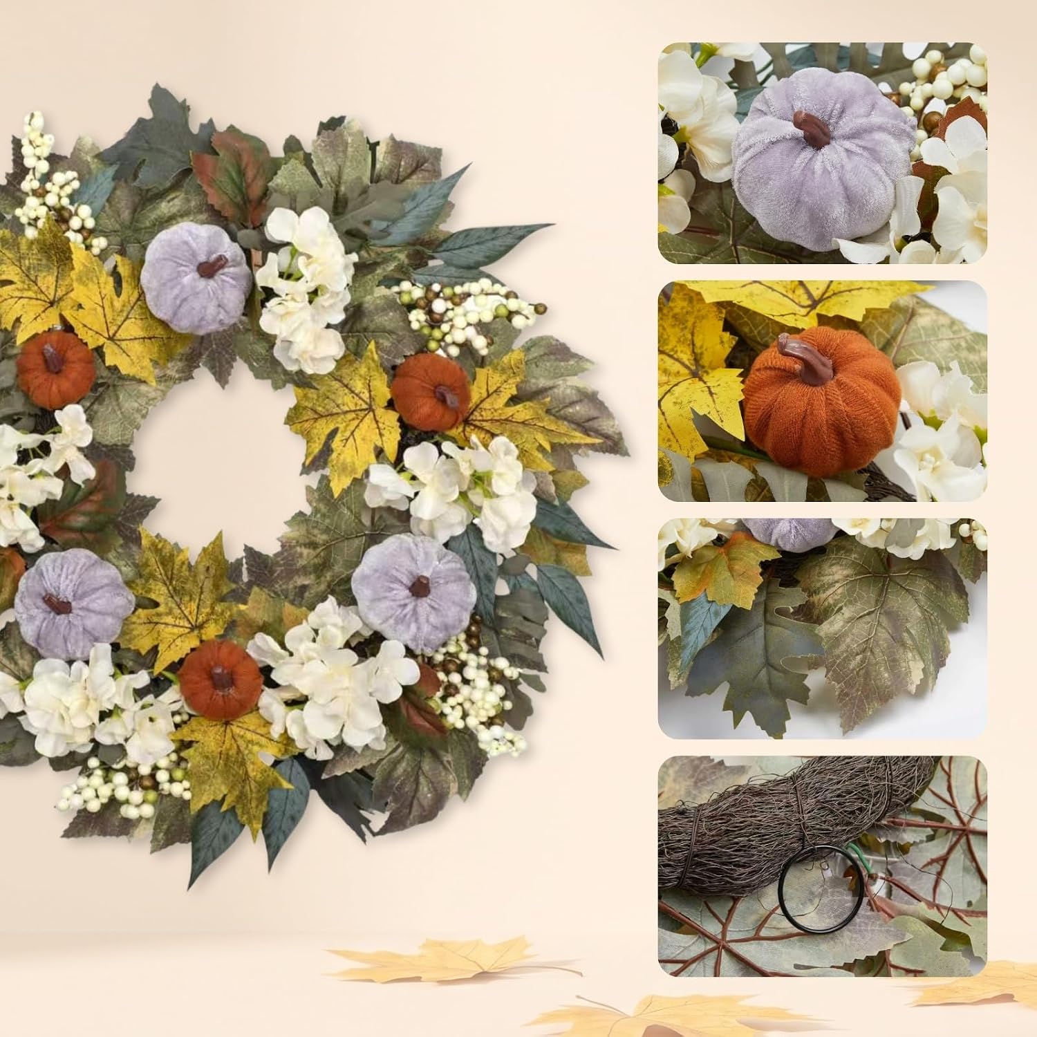22" Fall Wreath Maple Leaf Velvet Pumpkin Berry Autumn Wreath Fall Decor — image 3 of 7