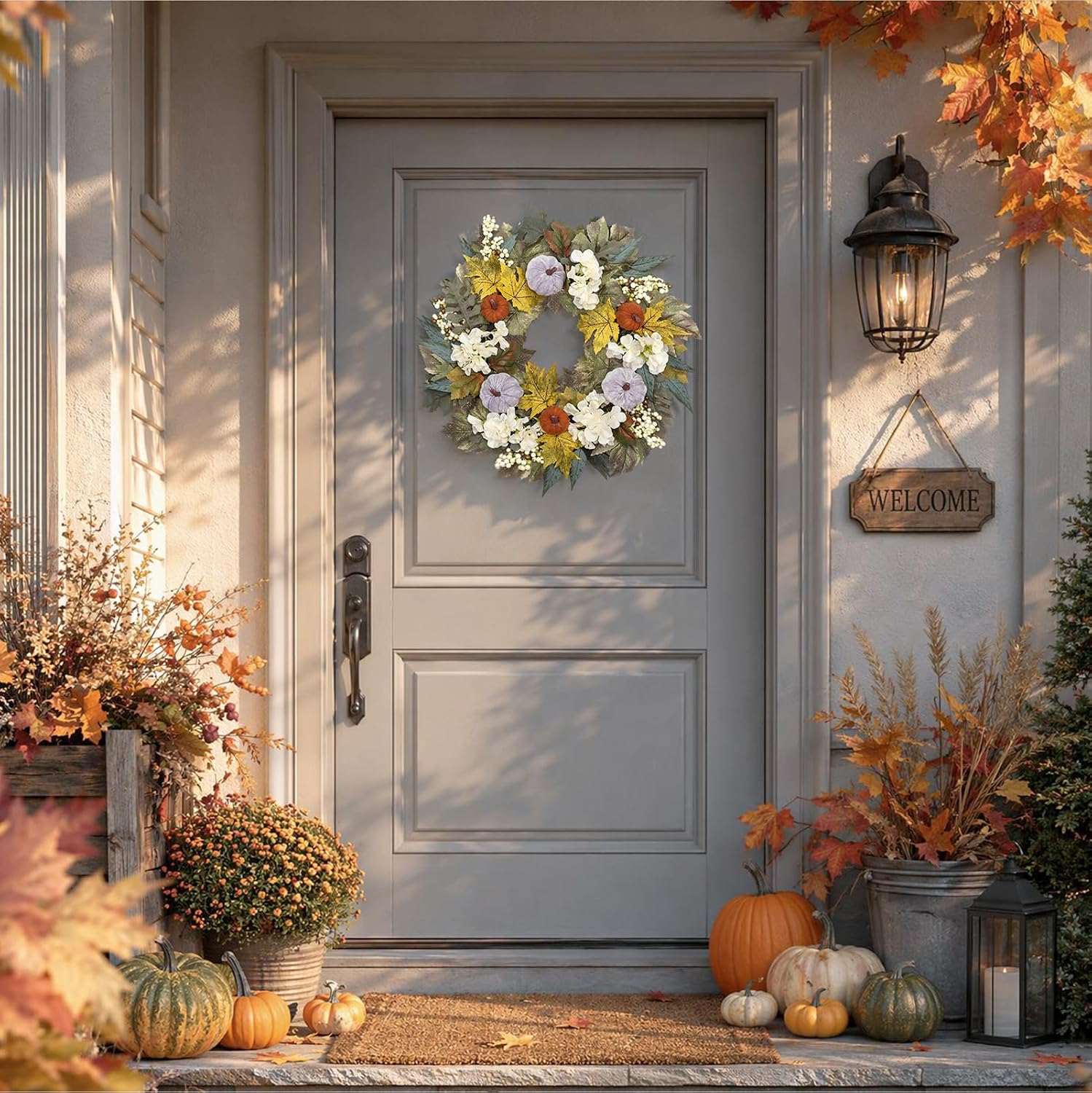 22" Fall Wreath Maple Leaf Velvet Pumpkin Berry Autumn Wreath Fall Decor — image 5 of 7