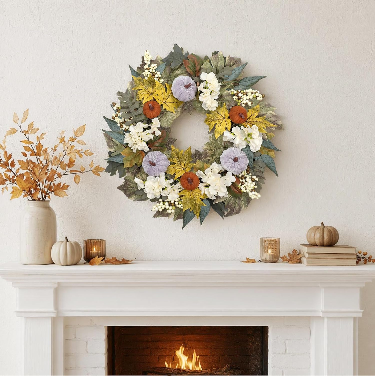 22" Fall Wreath Maple Leaf Velvet Pumpkin Berry Autumn Wreath Fall Decor — image 6 of 7