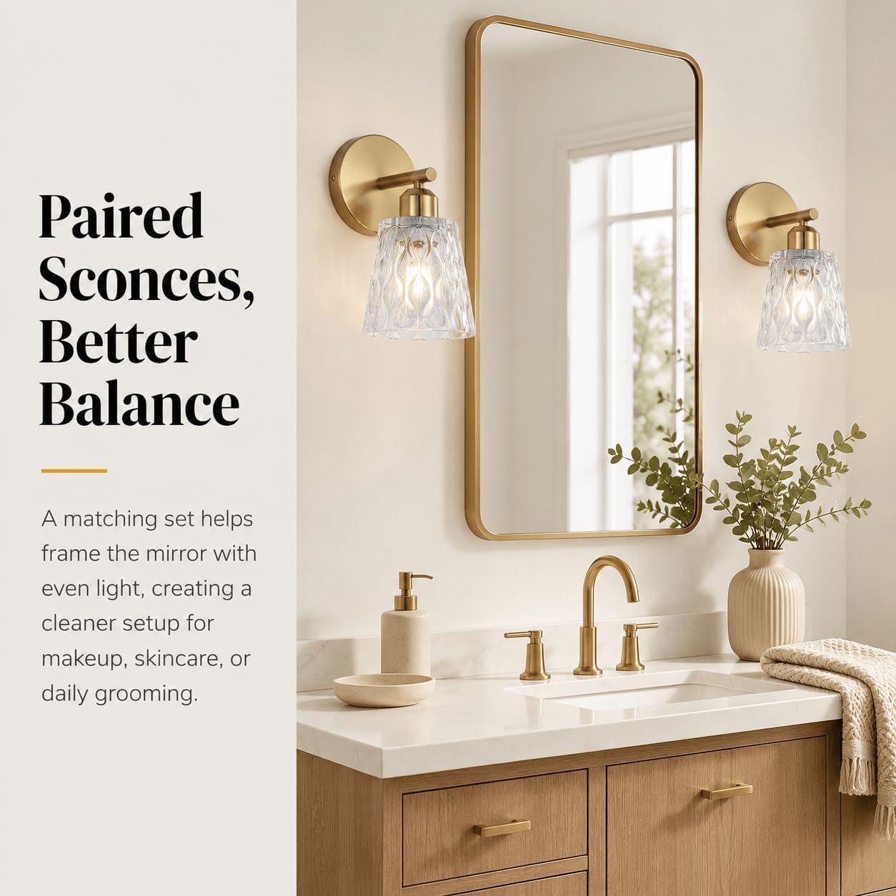 1-Light Brushed Gold Bathroom Vanity Wall Sconces, 2-Pack Modern Stainless Steel Fixtures with Textured Glass Shades for Over-Mirror Lighting, E26 Sockets (Bulbs Not Included) — image 3 of 12