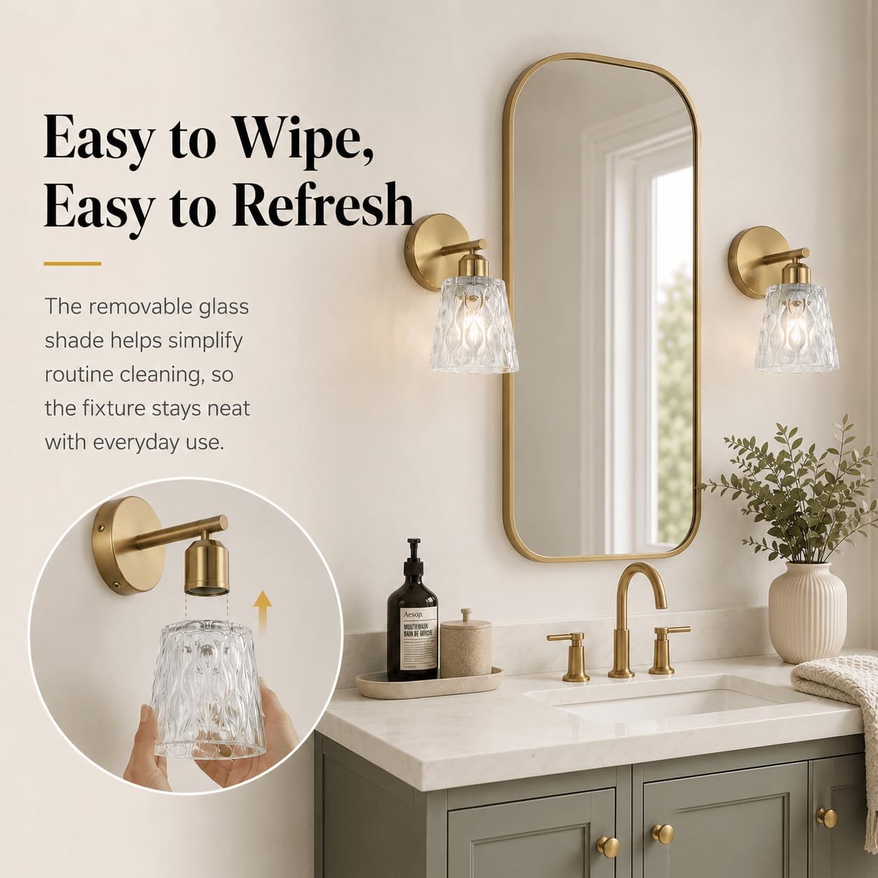 1-Light Brushed Gold Bathroom Vanity Wall Sconces, 2-Pack Modern Stainless Steel Fixtures with Textured Glass Shades for Over-Mirror Lighting, E26 Sockets (Bulbs Not Included) — image 2 of 12