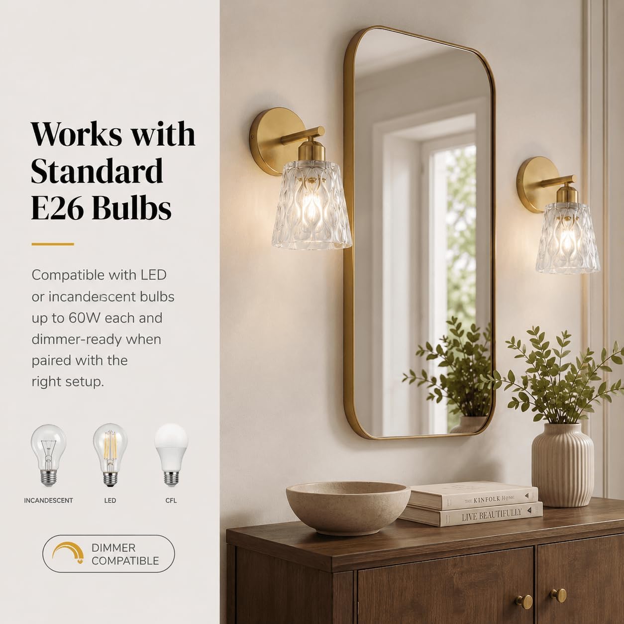 1-Light Brushed Gold Bathroom Vanity Wall Sconces, 2-Pack Modern Stainless Steel Fixtures with Textured Glass Shades for Over-Mirror Lighting, E26 Sockets (Bulbs Not Included) — image 4 of 12