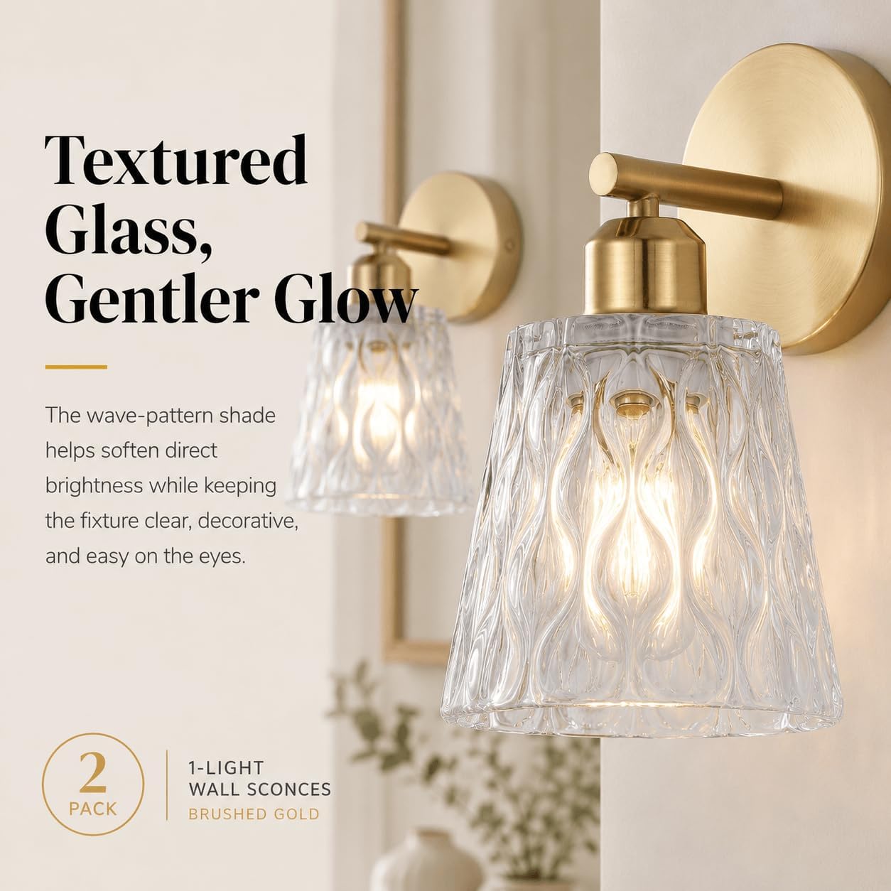 1-Light Brushed Gold Bathroom Vanity Wall Sconces, 2-Pack Modern Stainless Steel Fixtures with Textured Glass Shades for Over-Mirror Lighting, E26 Sockets (Bulbs Not Included) — image 5 of 12