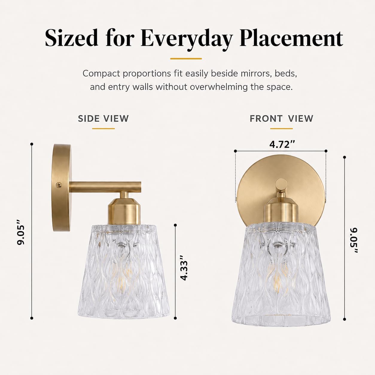 1-Light Brushed Gold Bathroom Vanity Wall Sconces, 2-Pack Modern Stainless Steel Fixtures with Textured Glass Shades for Over-Mirror Lighting, E26 Sockets (Bulbs Not Included) — image 7 of 12