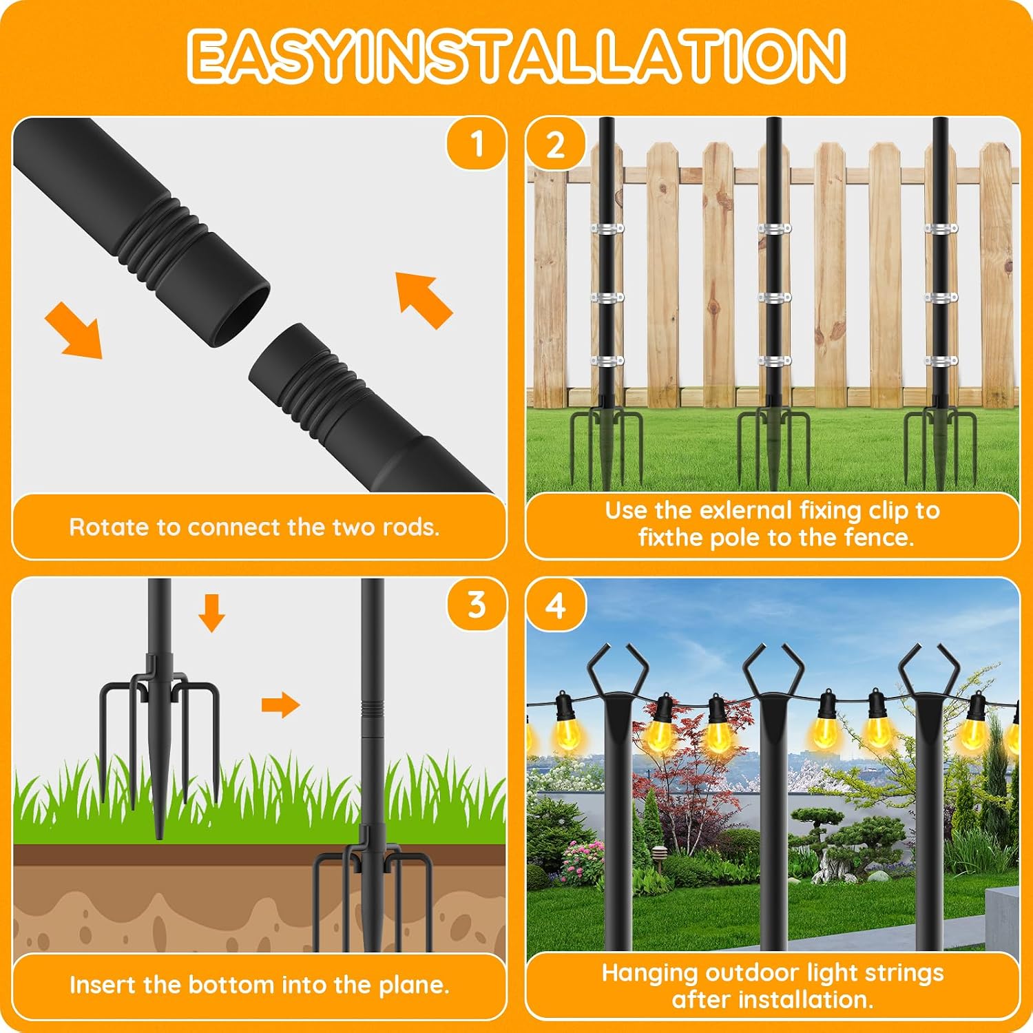 6 Pack String Light Poles, Outdoor String Light Pole 10 ft Forked Metal Light Pole with Adjustable Outdoor Light Stand, Deck, Backyard, Garden, Wedding, Rustproof and Sturdy with Hooks. — image 6 of 12