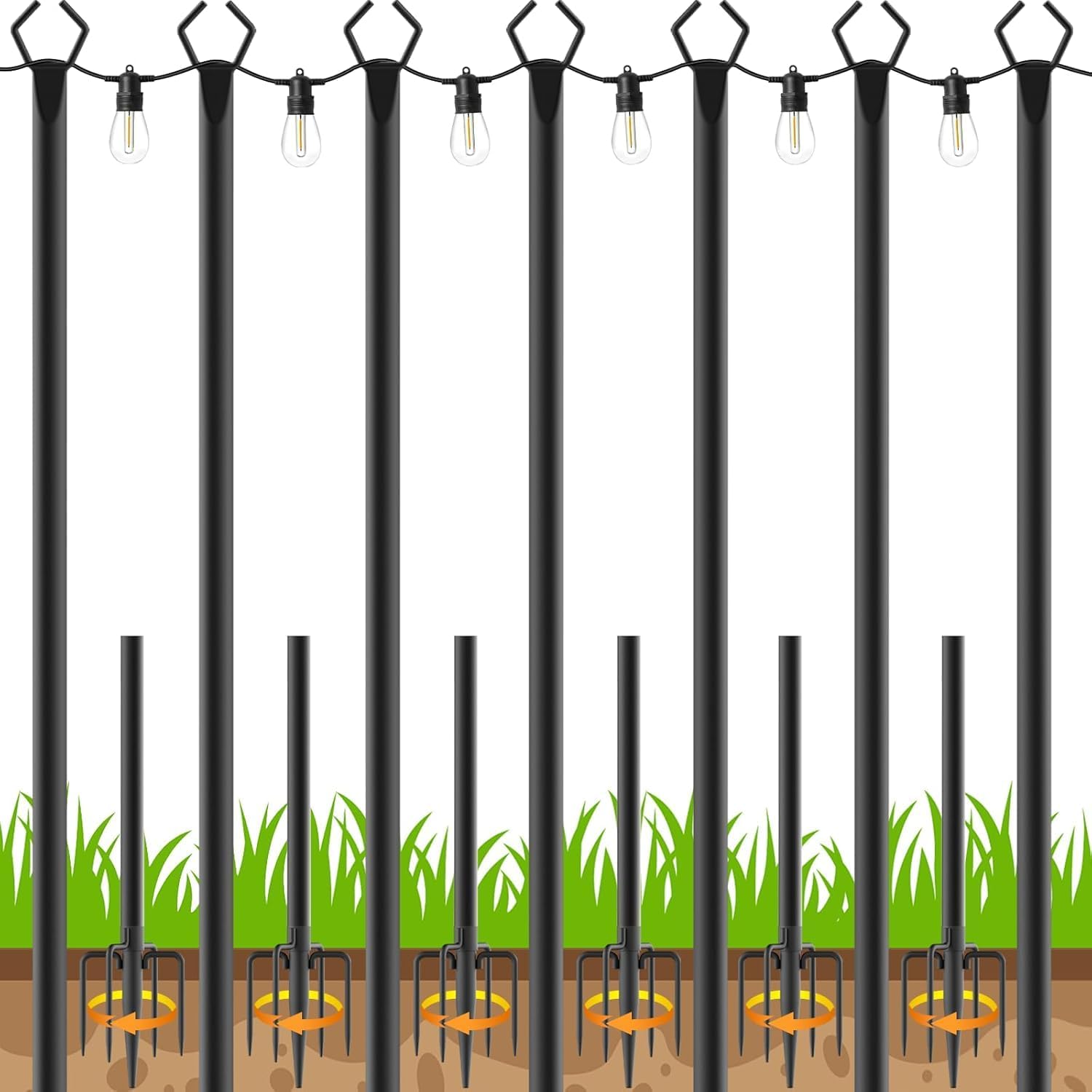6 Pack String Light Poles, Outdoor String Light Pole 10 ft Forked Metal Light Pole with Adjustable Outdoor Light Stand, Deck, Backyard, Garden, Wedding, Rustproof and Sturdy with Hooks. — image 9 of 12