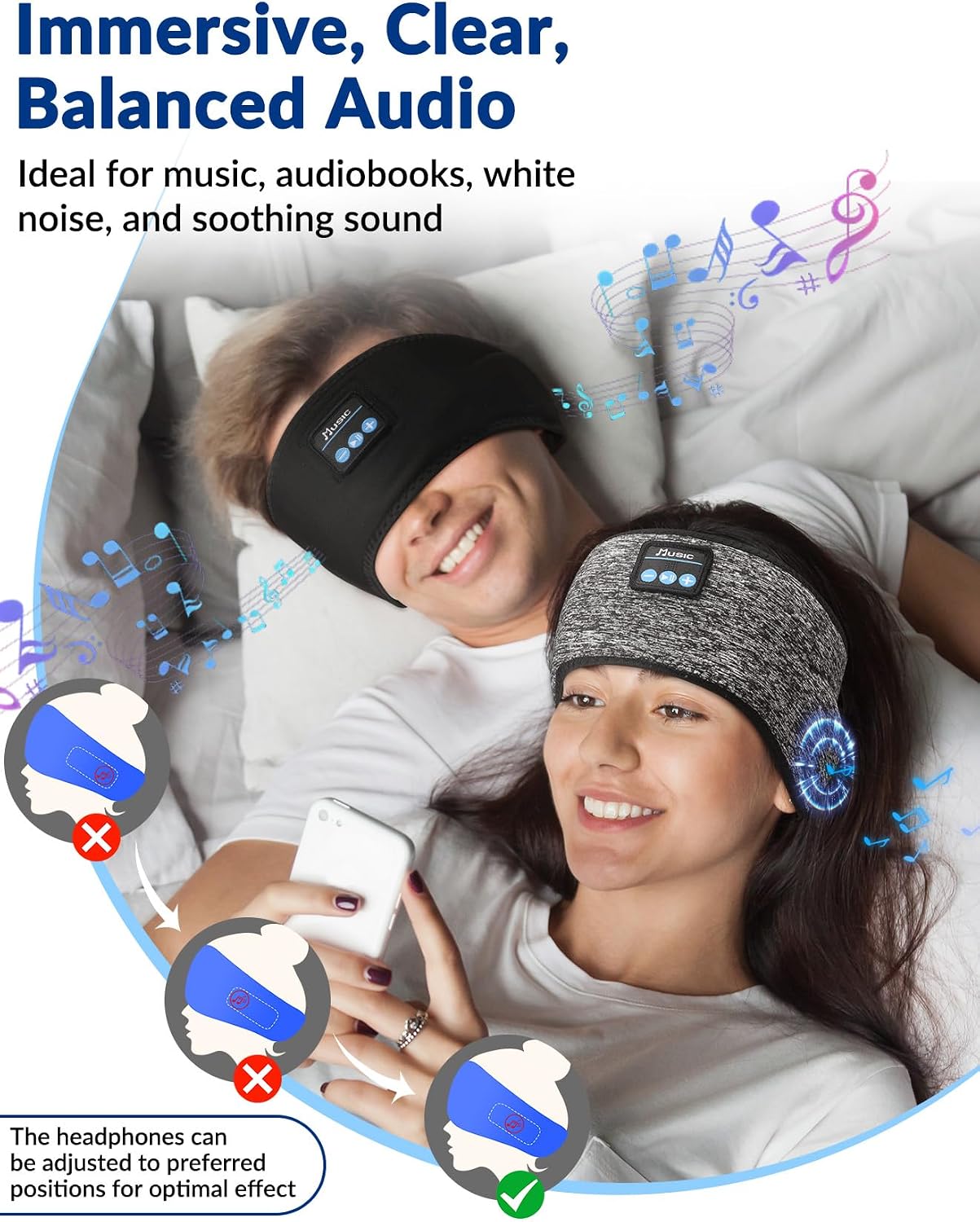 2-Pack Sleeping Headphones, Adjustable Hook-and-Loop, Bluetooth Headband Headphones, Wireless Sports Headband for Running, Yoga, Workout, Meditation, Cool Gadget Tech Gift - Black&Gray — image 6 of 7