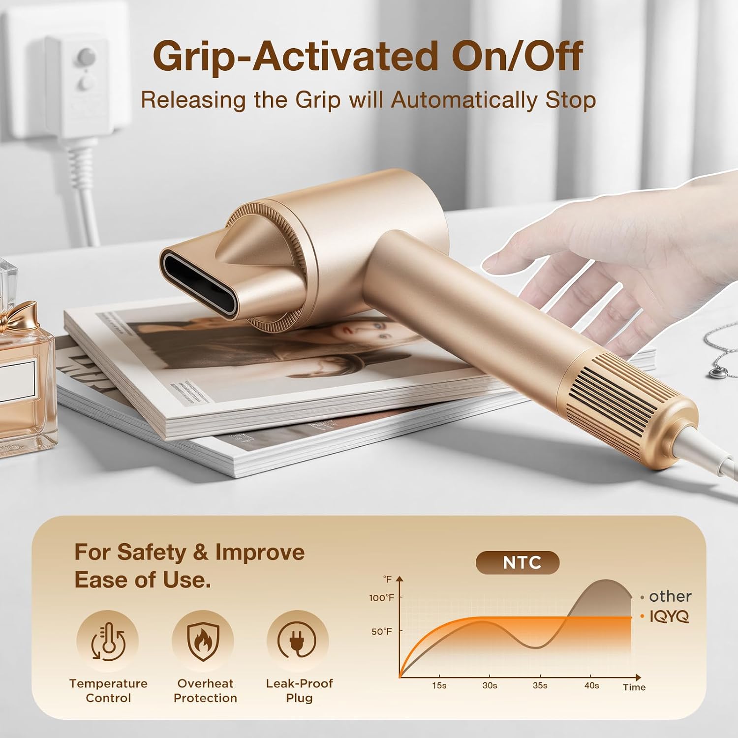 Hair Dryer with Diffuser, Grip-Sensor On/Off High-Speed Blow Dryer for Fast Drying, Ionic Hair Dryer 110000 RPM 1400W 200M for Frizz Reduce, Low Noise Thermo-Control for Curly Hair Women Black — image 3 of 10
