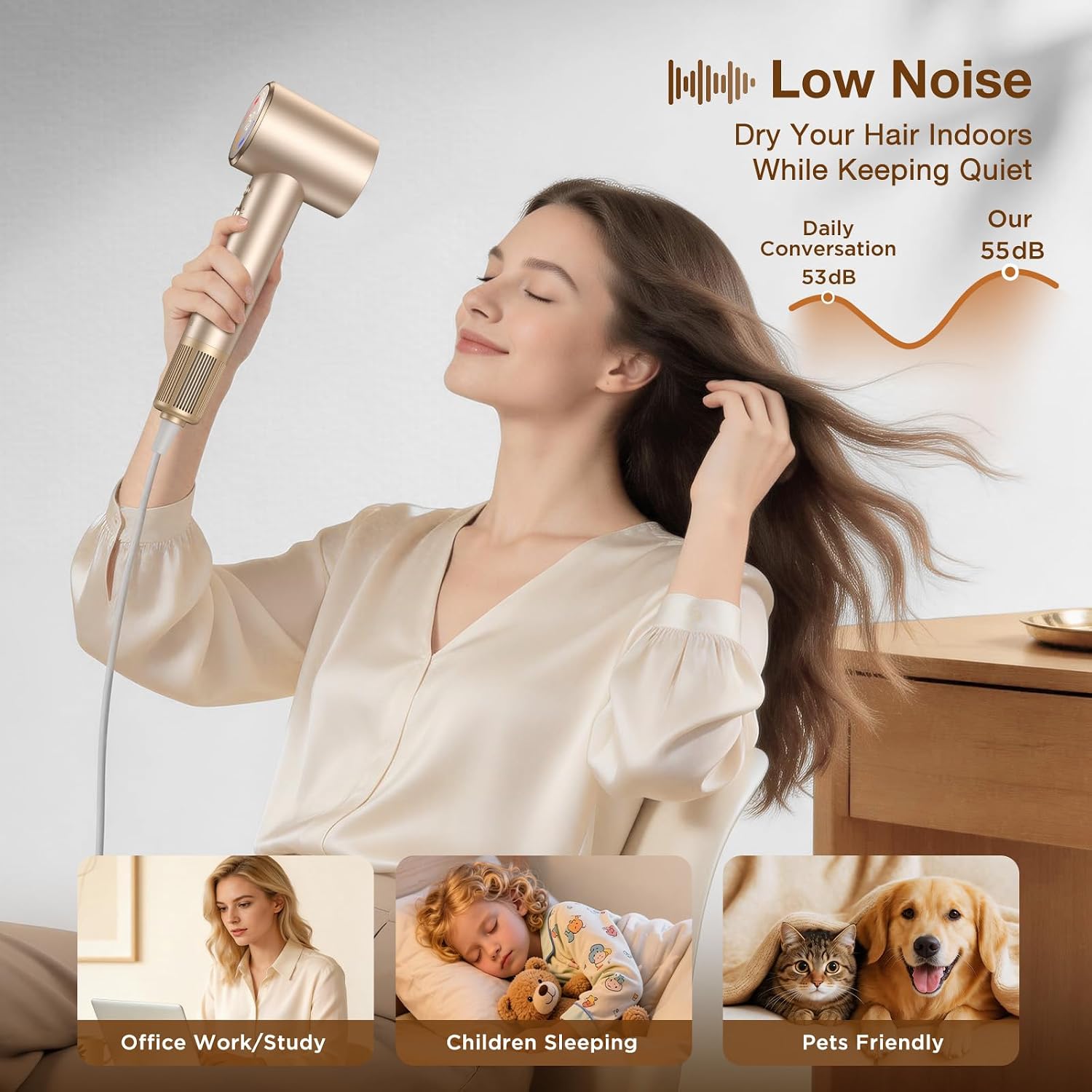 Hair Dryer with Diffuser, Grip-Sensor On/Off High-Speed Blow Dryer for Fast Drying, Ionic Hair Dryer 110000 RPM 1400W 200M for Frizz Reduce, Low Noise Thermo-Control for Curly Hair Women Black — image 5 of 10