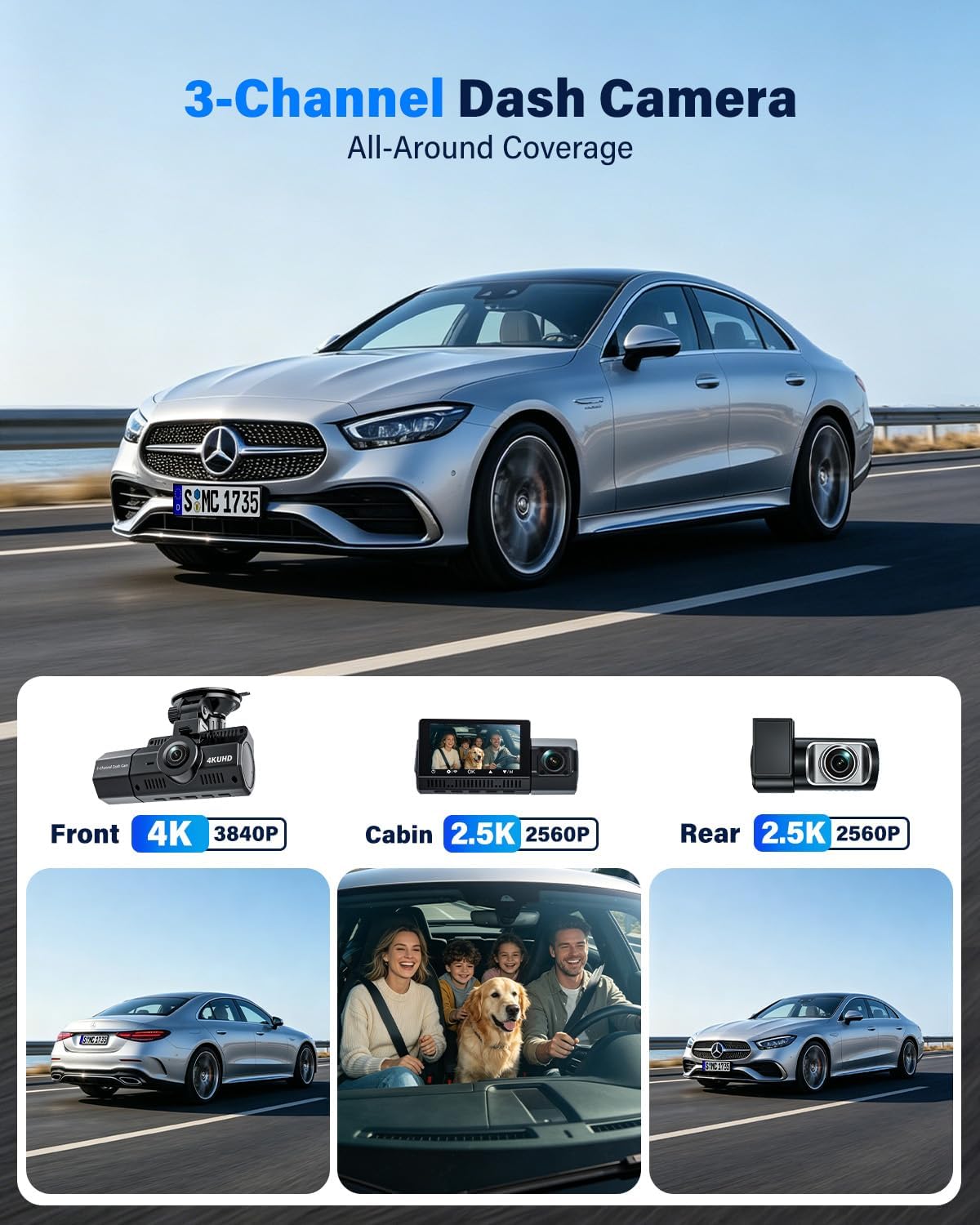 3 Channel Dash Cam, 4K+2.5K+2.5K, WiFi GPS, for Rideshare and Taxi — image 2 of 8
