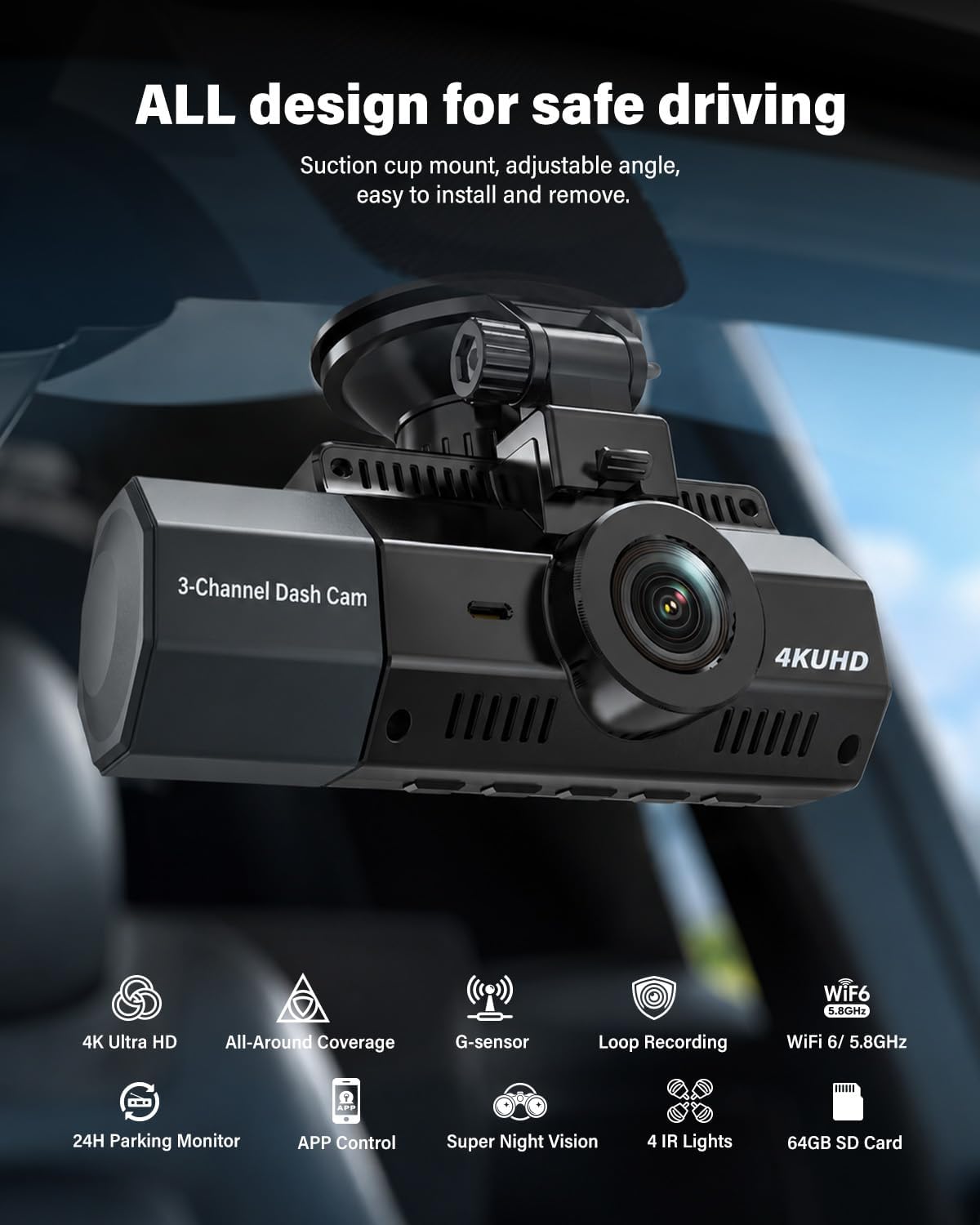 3 Channel Dash Cam, 4K+2.5K+2.5K, WiFi GPS, for Rideshare and Taxi — image 7 of 8