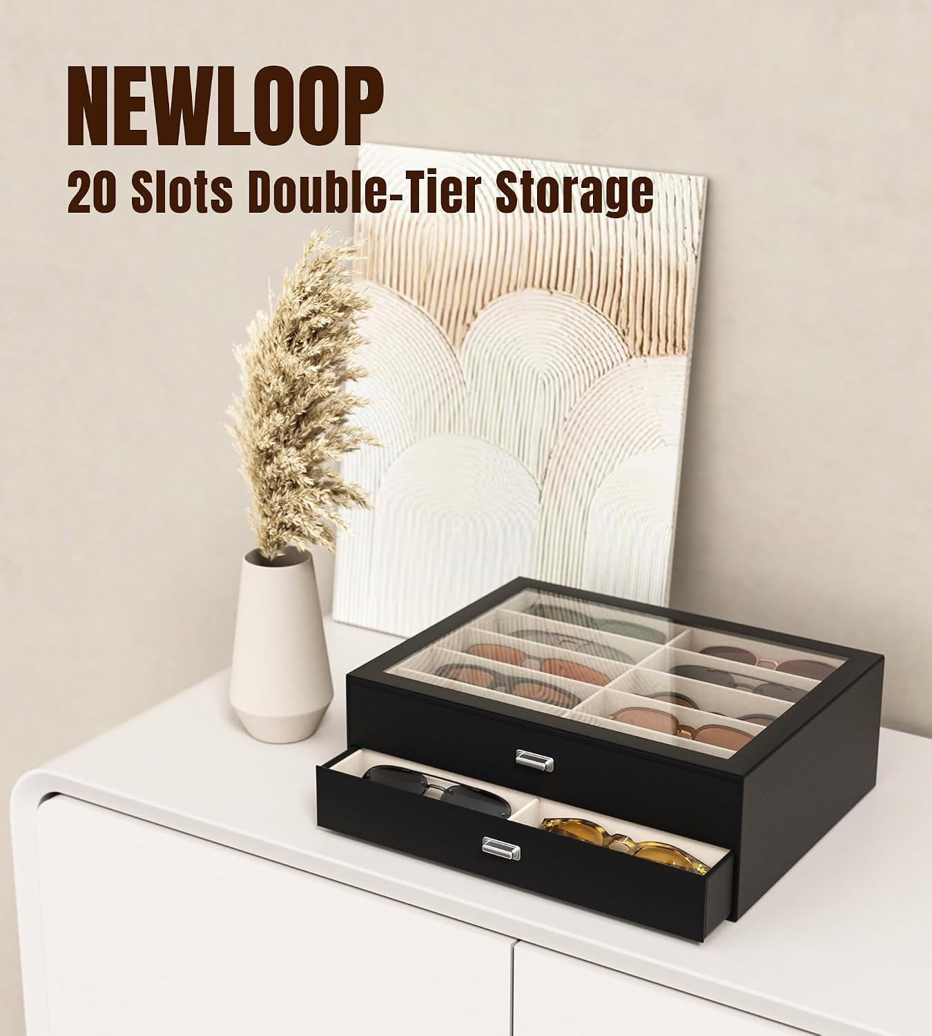 Sunglasses Case Storage Organizer - Women 20 Slots Drawer Sunglass Organizer See-through Display Case Multiple Pairs Glasses Holder Stand Eyeglass Jewelry Watch Collection Box for Closet Black — image 2 of 8