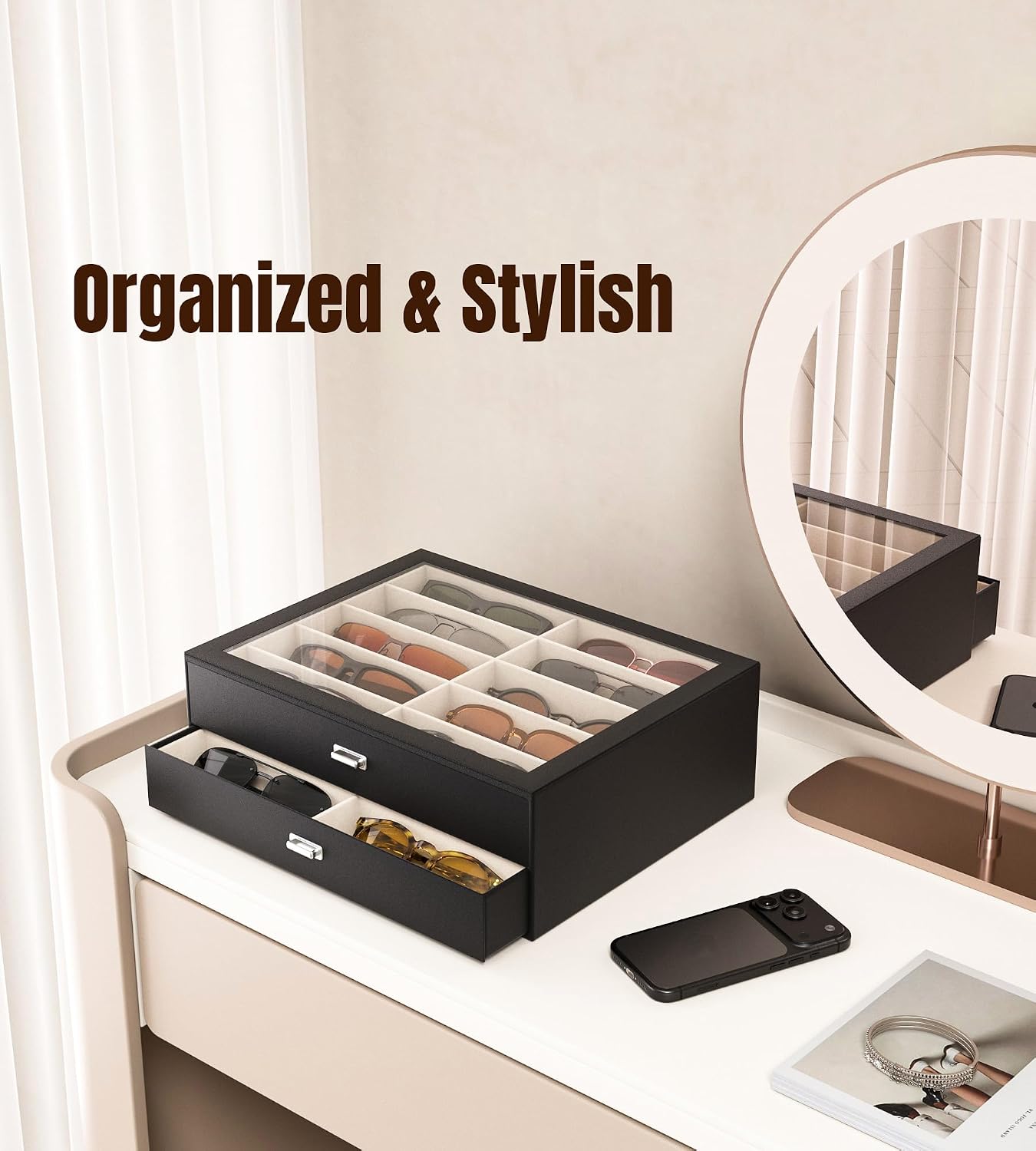 Sunglasses Case Storage Organizer - Women 20 Slots Drawer Sunglass Organizer See-through Display Case Multiple Pairs Glasses Holder Stand Eyeglass Jewelry Watch Collection Box for Closet Black — image 3 of 8