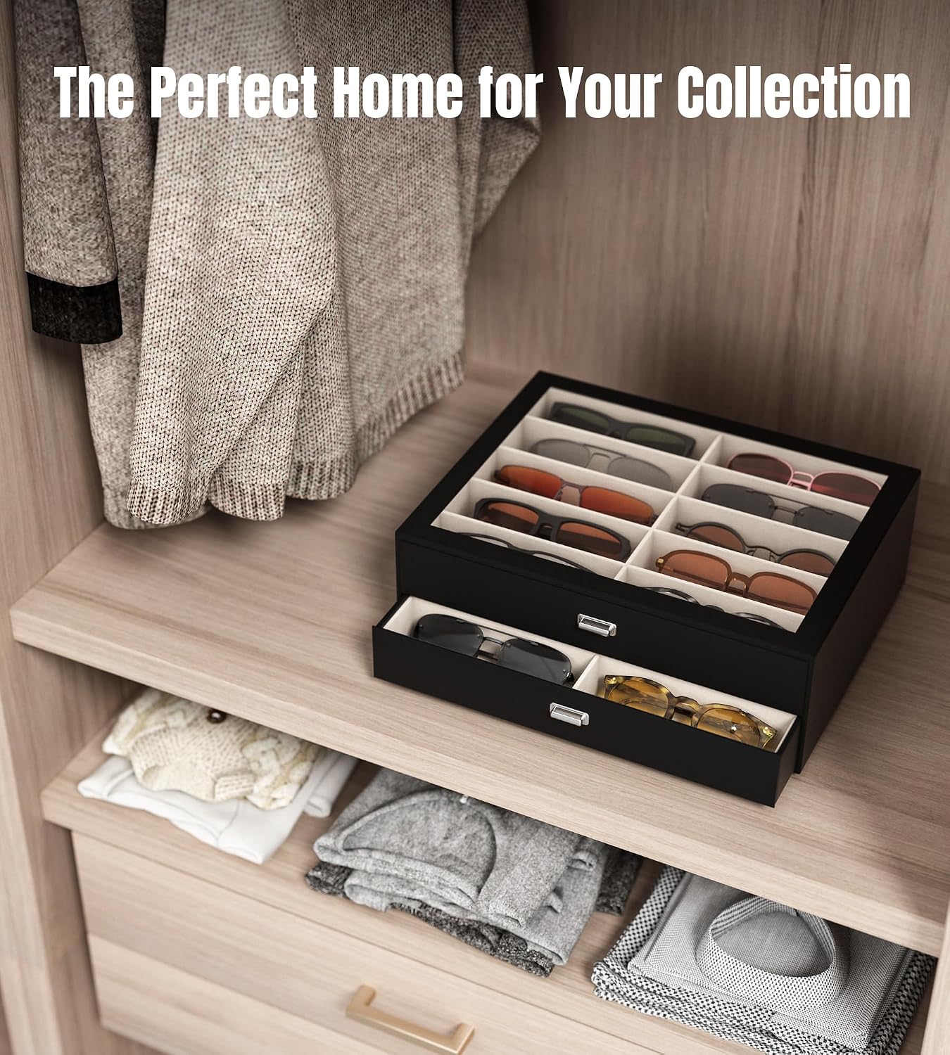 Sunglasses Case Storage Organizer - Women 20 Slots Drawer Sunglass Organizer See-through Display Case Multiple Pairs Glasses Holder Stand Eyeglass Jewelry Watch Collection Box for Closet Black — image 4 of 8