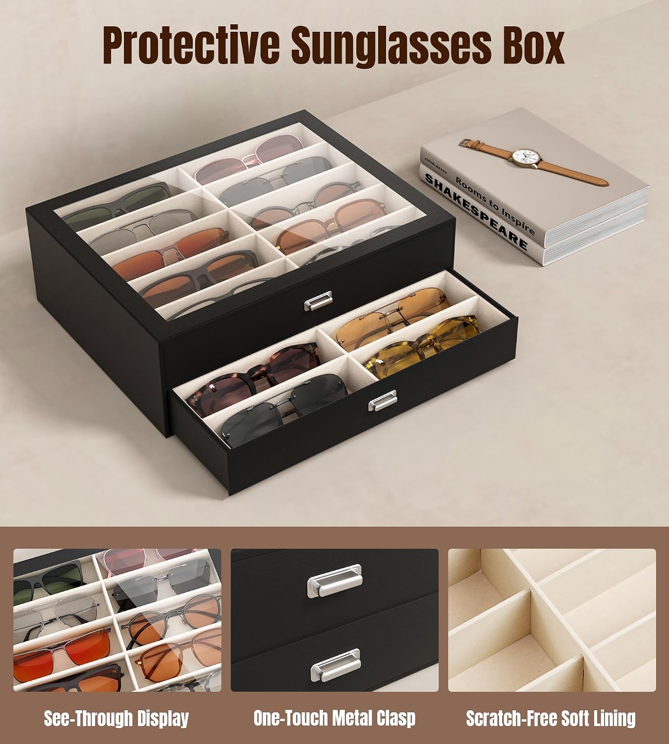 Sunglasses Case Storage Organizer - Women 20 Slots Drawer Sunglass Organizer See-through Display Case Multiple Pairs Glasses Holder Stand Eyeglass Jewelry Watch Collection Box for Closet Black — image 5 of 8