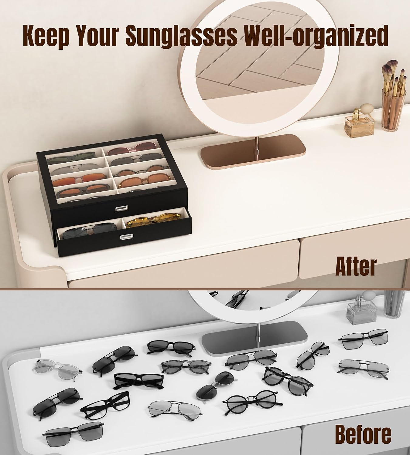Sunglasses Case Storage Organizer - Women 20 Slots Drawer Sunglass Organizer See-through Display Case Multiple Pairs Glasses Holder Stand Eyeglass Jewelry Watch Collection Box for Closet Black — image 6 of 8