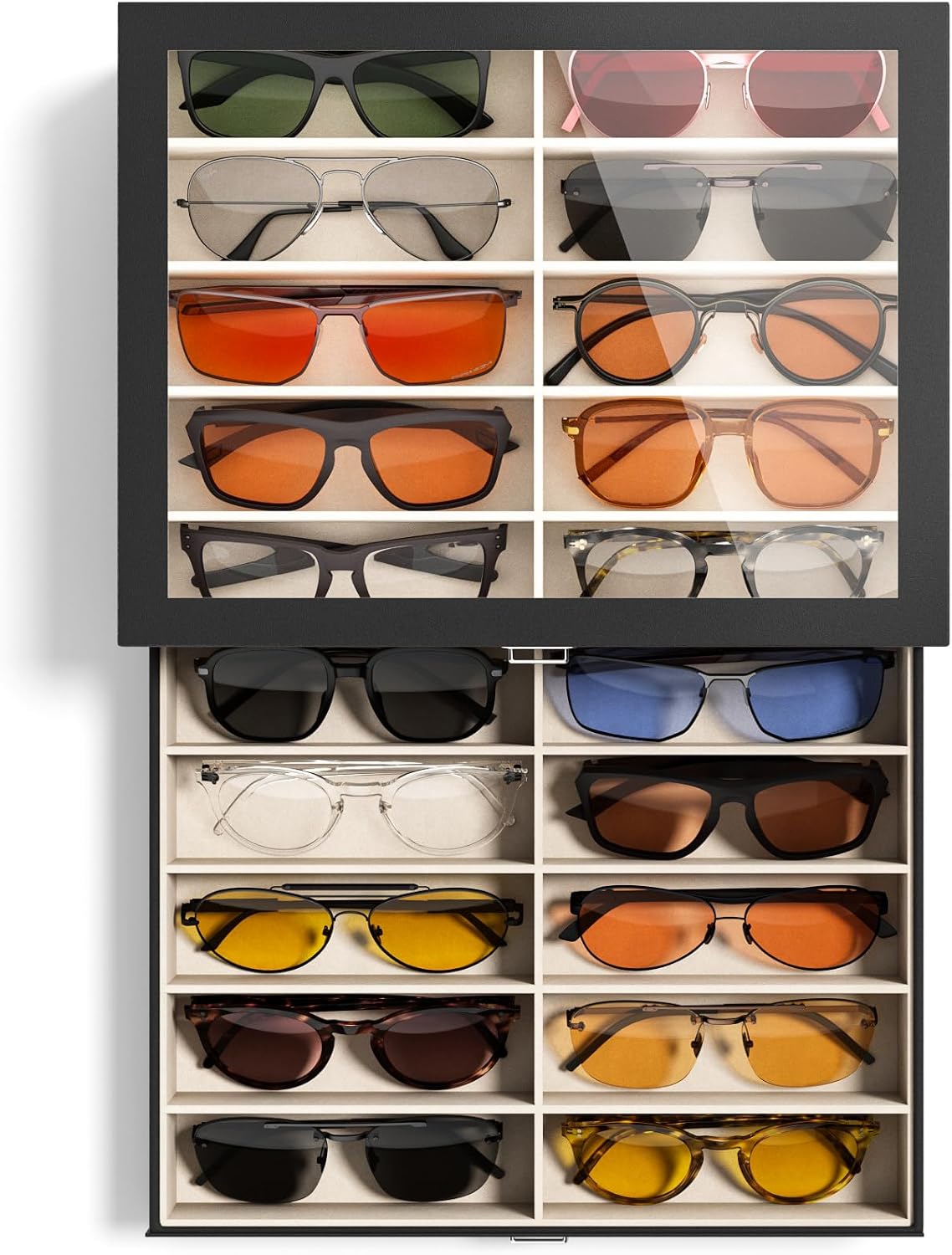 Sunglasses Case Storage Organizer - Women 20 Slots Drawer Sunglass Organizer See-through Display Case Multiple Pairs Glasses Holder Stand Eyeglass Jewelry Watch Collection Box for Closet Black — image 8 of 8