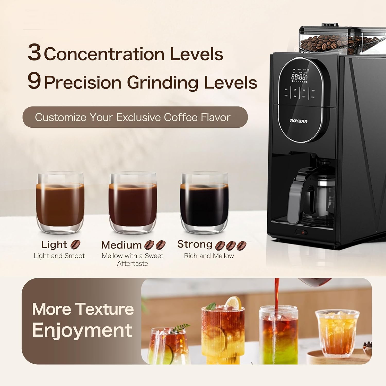Coffee Maker with Grinder & Brew,Built-in Stainless Steel Grinder,5 Cup Sizes, Adjustable Grind Fineness & Brew Strength, Easy Cleaning, Touch Screen Control, Programmable Timer for Home Office Use — image 2 of 9