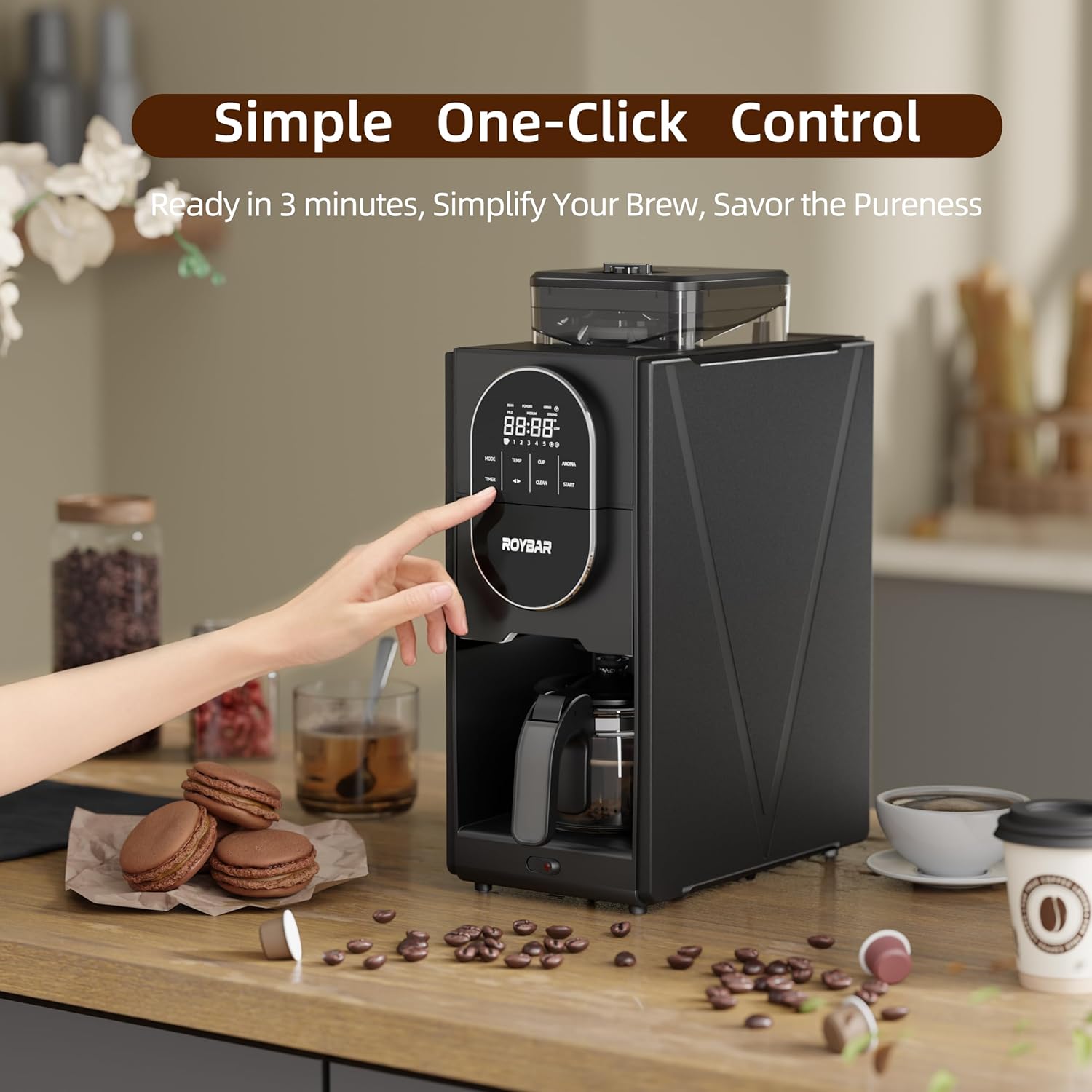 Coffee Maker with Grinder & Brew,Built-in Stainless Steel Grinder,5 Cup Sizes, Adjustable Grind Fineness & Brew Strength, Easy Cleaning, Touch Screen Control, Programmable Timer for Home Office Use — image 3 of 9