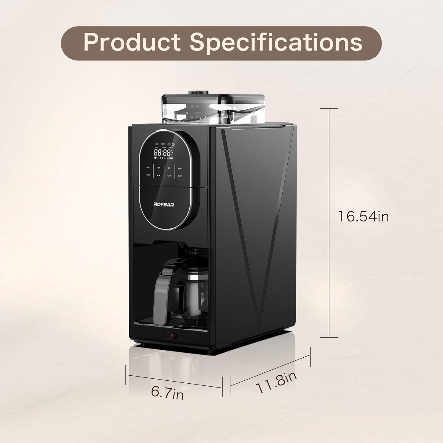 Coffee Maker with Grinder & Brew,Built-in Stainless Steel Grinder,5 Cup Sizes, Adjustable Grind Fineness & Brew Strength, Easy Cleaning, Touch Screen Control, Programmable Timer for Home Office Use — image 6 of 9