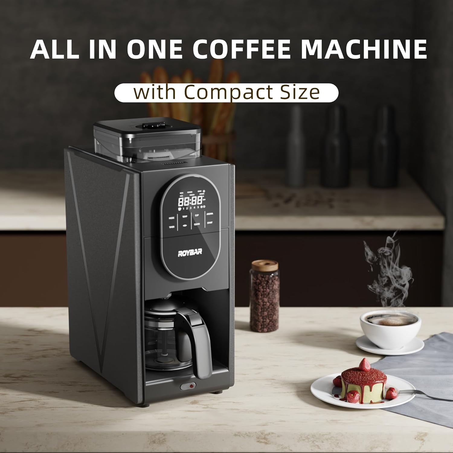 Coffee Maker with Grinder & Brew,Built-in Stainless Steel Grinder,5 Cup Sizes, Adjustable Grind Fineness & Brew Strength, Easy Cleaning, Touch Screen Control, Programmable Timer for Home Office Use — image 7 of 9