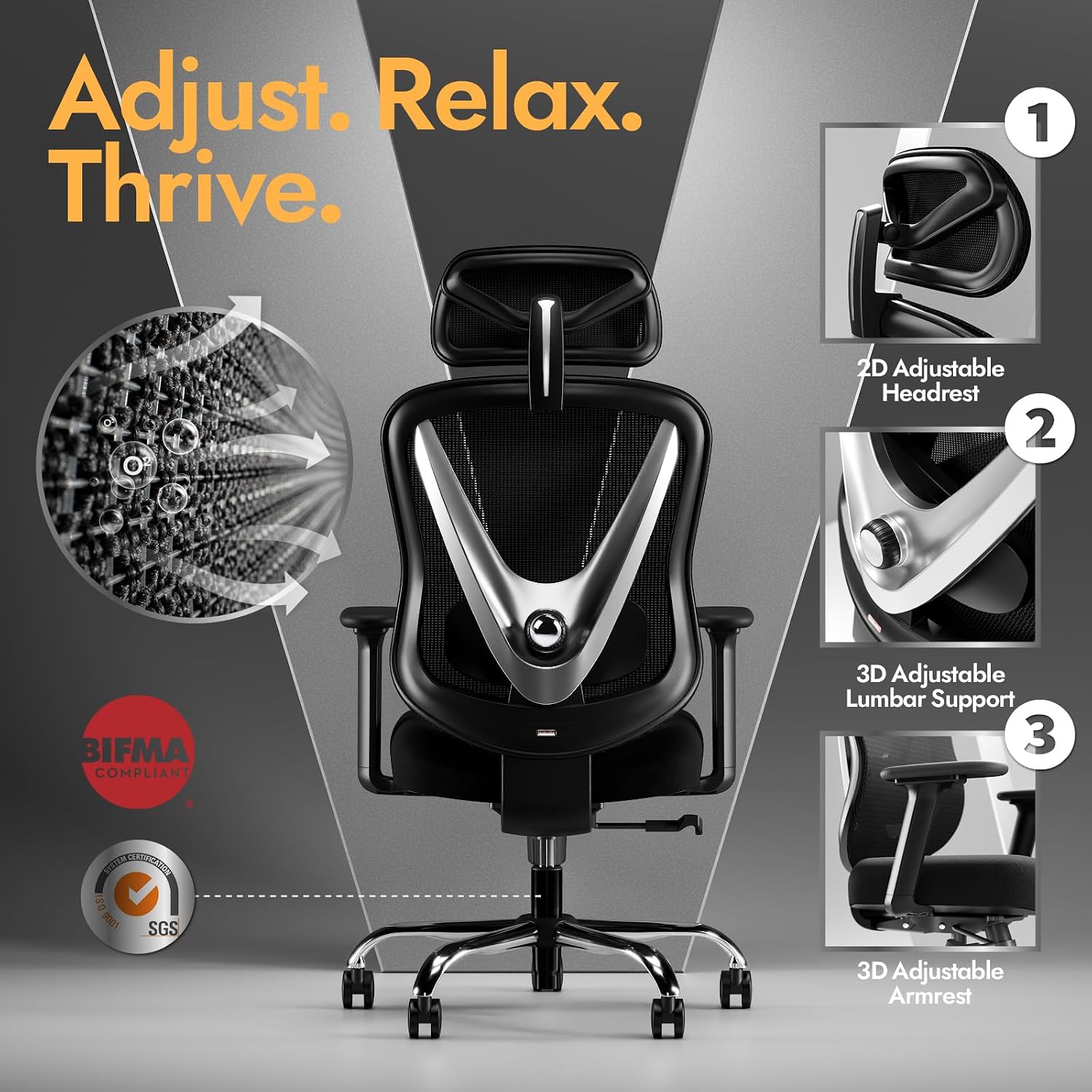 Ergonomic Mesh Office Chair - 3D Adjustable Lumbar Support & 3D Armrests, V-Shaped Back, Adjustable Desk Chair for Office & Home, Black — image 4 of 9