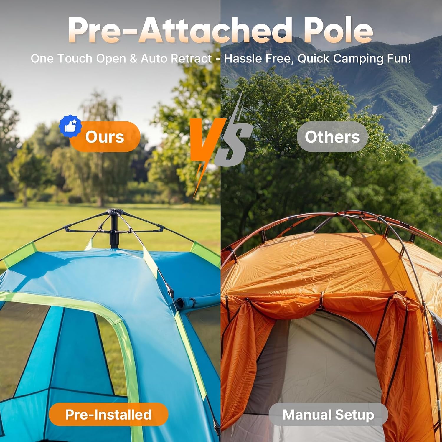 CT3 2 Person Camping Tent, 1-Minute Quick Setup by Pre-Attached Pole — image 4 of 7