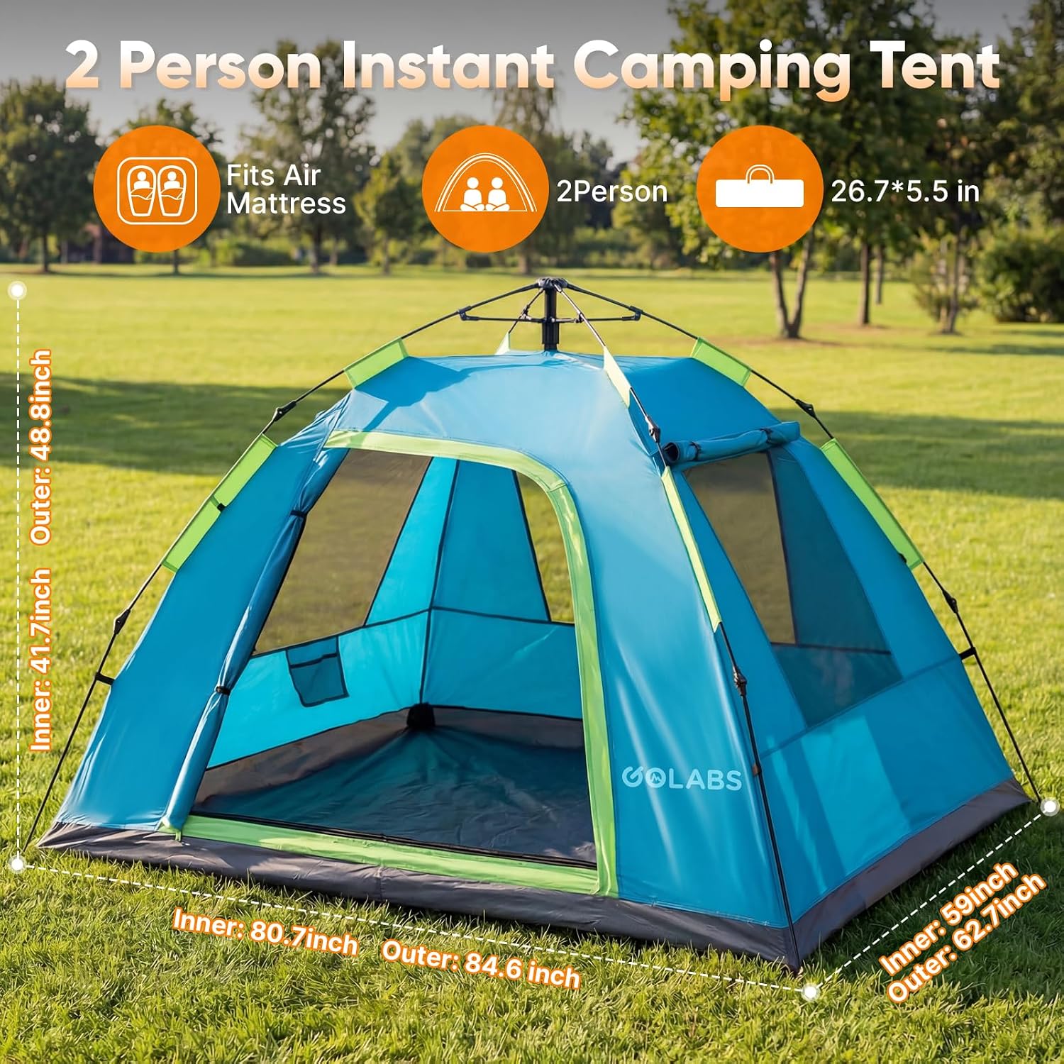 CT3 2 Person Camping Tent, 1-Minute Quick Setup by Pre-Attached Pole — image 6 of 7