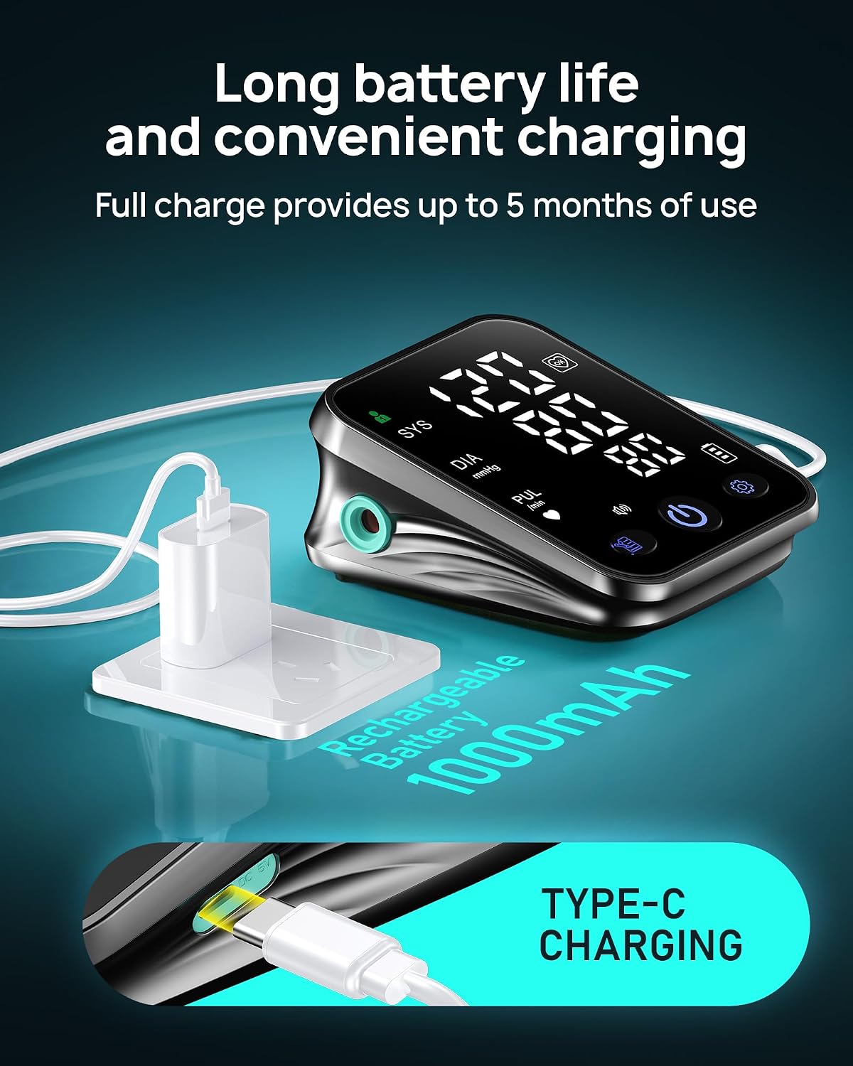 Smart Blood Pressure Monitor for Home Use, Upper Arm BP Cuff 8.6''-16.5'', Large 5.0'' 3-Color LED Display, FSA&HSA Eligible, Digital Automatic Blood Pressure Machine with iOS & Android App — image 4 of 7