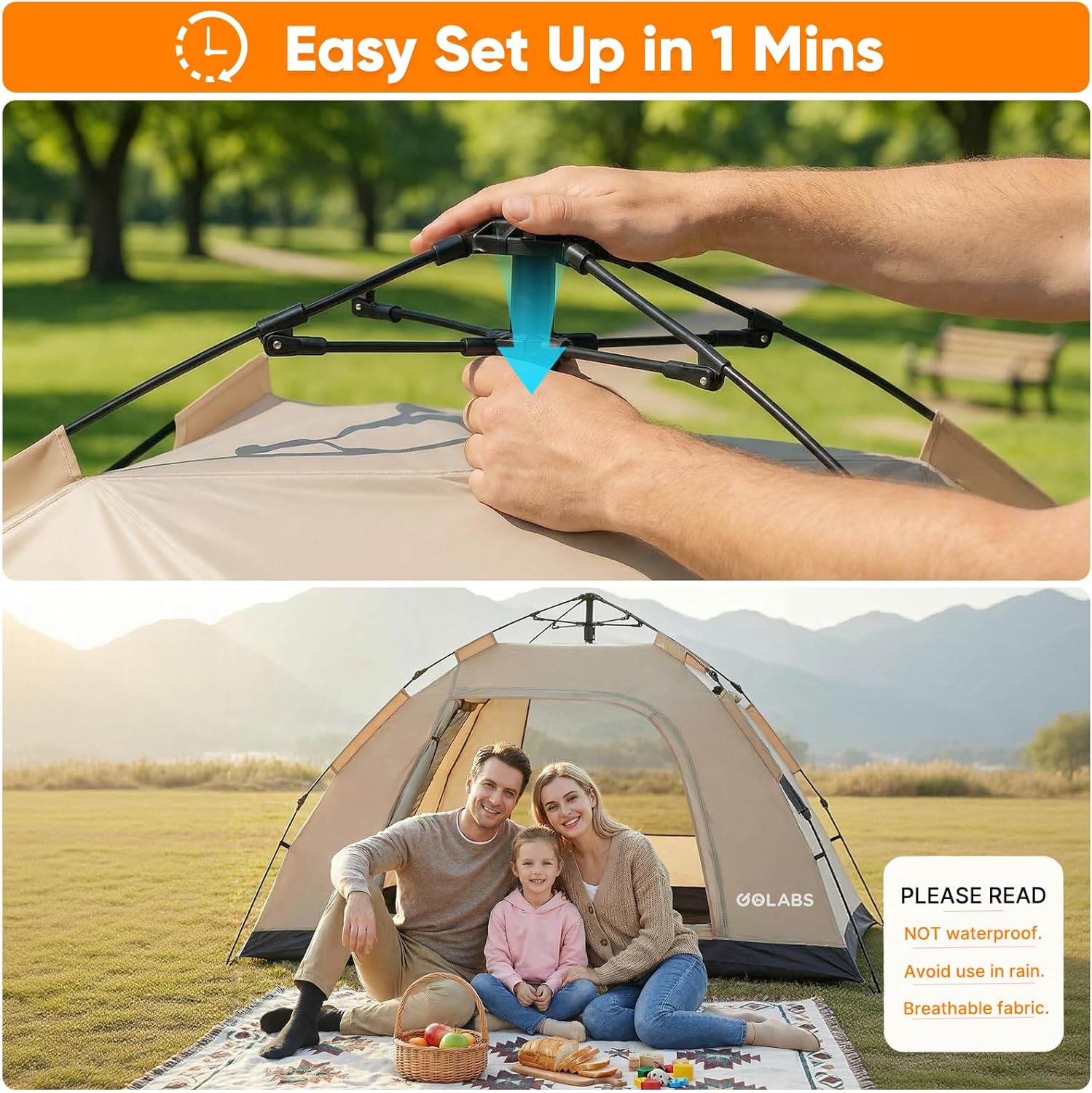 CT3 2 Person Camping Tent, 1-Minute Quick Setup by Pre-Attached Pole — image 2 of 8