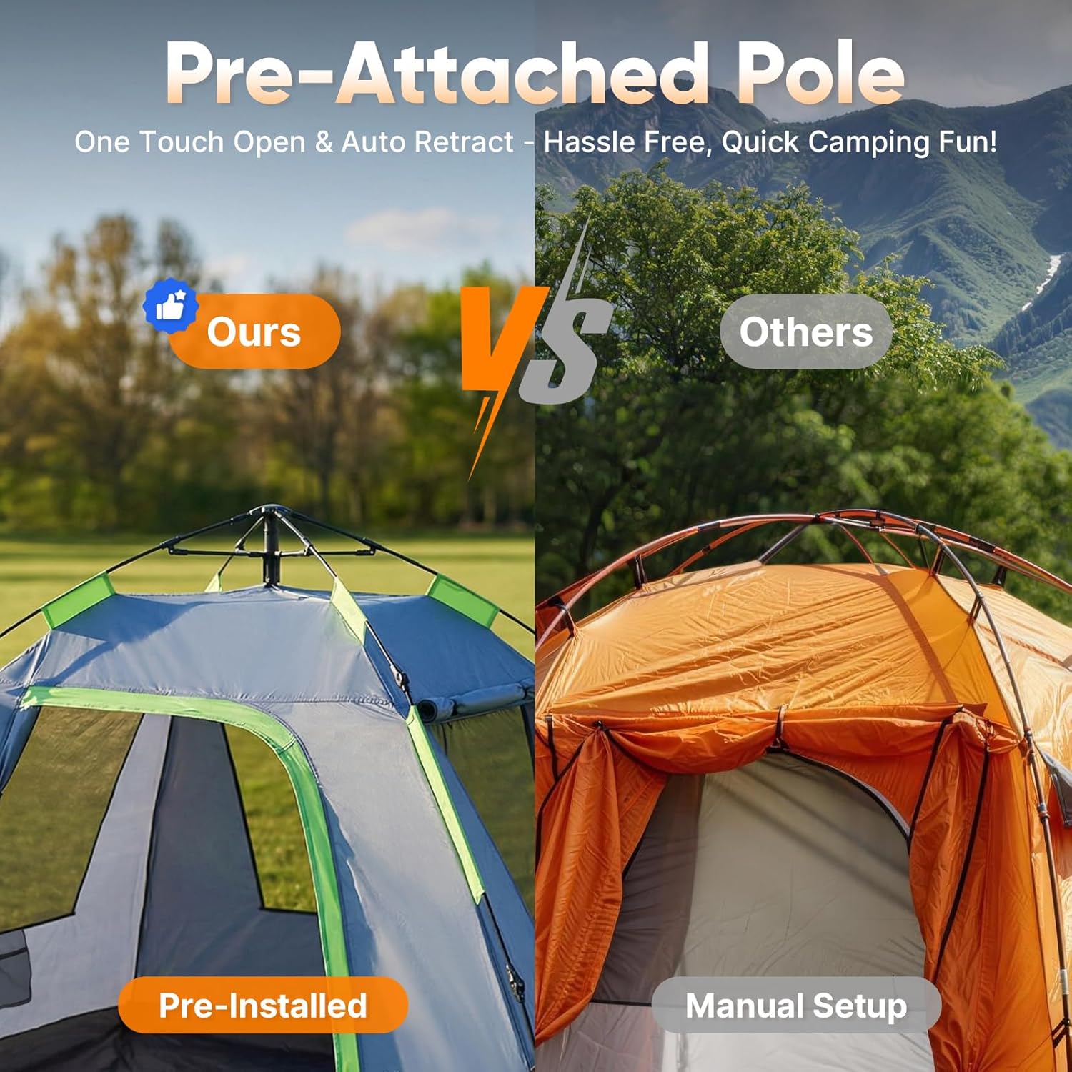 CT3 2 Person Camping Tent, 1-Minute Quick Setup by Pre-Attached Pole — image 4 of 8