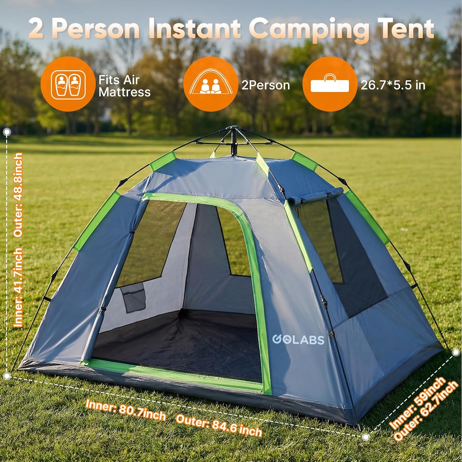 CT3 2 Person Camping Tent, 1-Minute Quick Setup by Pre-Attached Pole — image 6 of 8