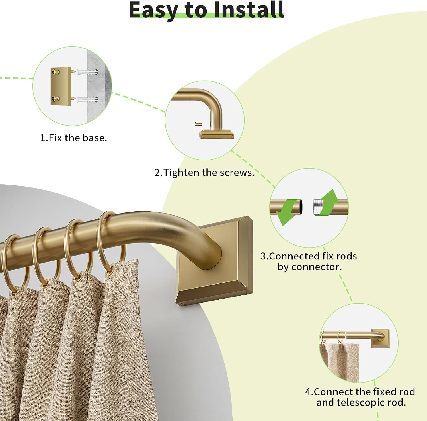 Brushed Gold Curtain Rods for Windows 48-90 Inch (4-7.5 ft), Heavy Duty Wrap Around Blackout Curtain Rod, Adjustable Room Darkening Drapery Rod for Bedroom, Living Room & Sliding Door — image 10 of 10