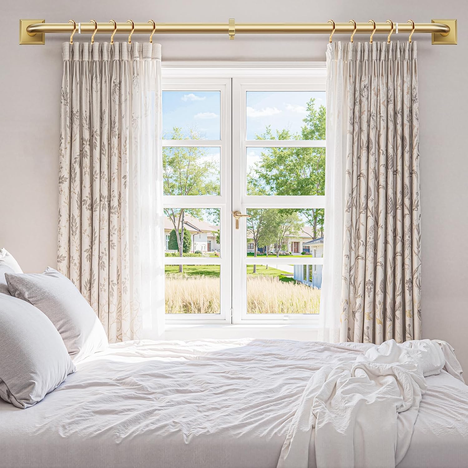 Brushed Gold Curtain Rods for Windows 48-90 Inch (4-7.5 ft), Heavy Duty Wrap Around Blackout Curtain Rod, Adjustable Room Darkening Drapery Rod for Bedroom, Living Room & Sliding Door — image 2 of 10