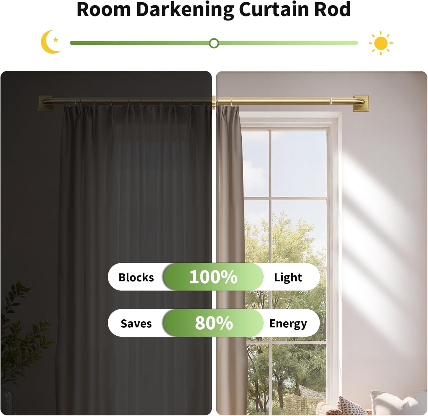 Brushed Gold Curtain Rods for Windows 48-90 Inch (4-7.5 ft), Heavy Duty Wrap Around Blackout Curtain Rod, Adjustable Room Darkening Drapery Rod for Bedroom, Living Room & Sliding Door — image 4 of 10