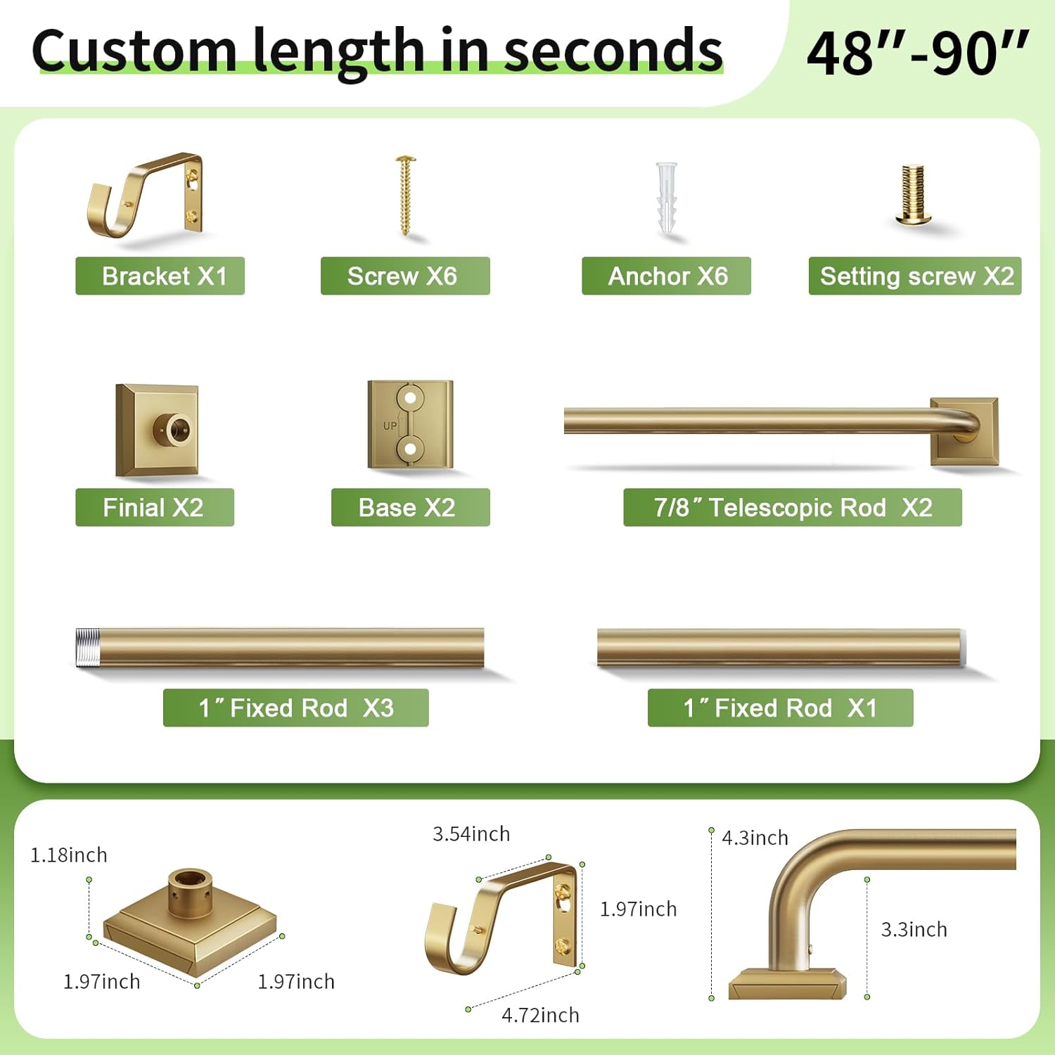 Brushed Gold Curtain Rods for Windows 48-90 Inch (4-7.5 ft), Heavy Duty Wrap Around Blackout Curtain Rod, Adjustable Room Darkening Drapery Rod for Bedroom, Living Room & Sliding Door — image 8 of 10