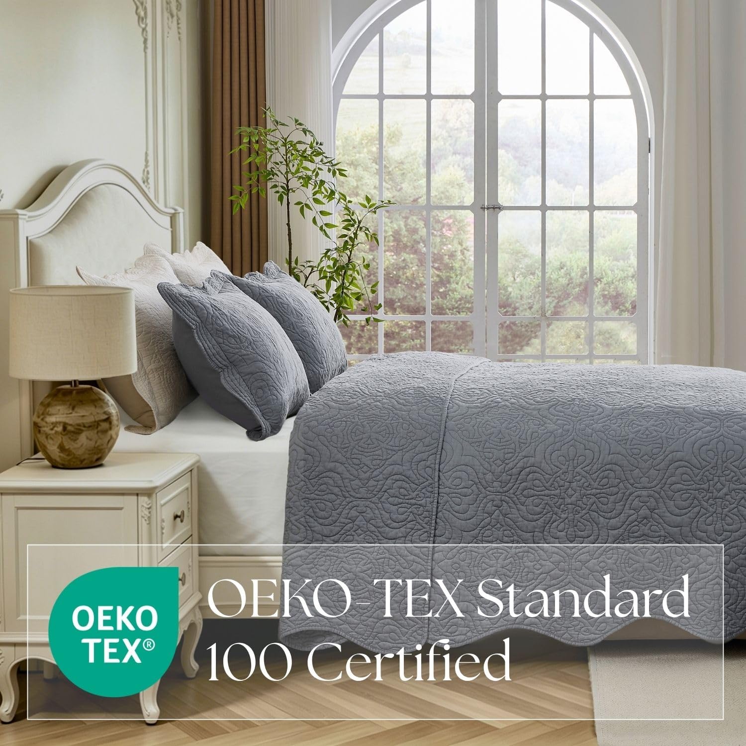 100% Cotton Sateen Quilt Set | Silky Soft & Breathable | Elegant Medallion Damask Pattern | Lightweight Cotton Fill | All-Season Bedding | Queen Size 3-Piece Set, Silverberry Blue, 86"X90" — image 2 of 8