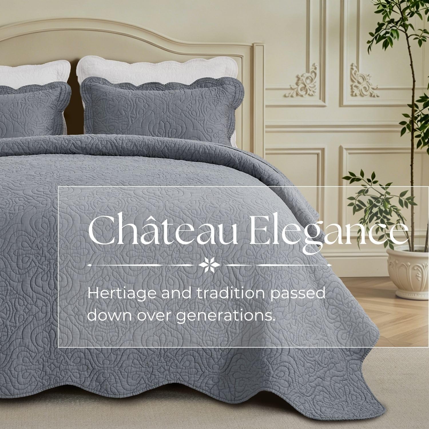 100% Cotton Sateen Quilt Set | Silky Soft & Breathable | Elegant Medallion Damask Pattern | Lightweight Cotton Fill | All-Season Bedding | Queen Size 3-Piece Set, Silverberry Blue, 86"X90" — image 3 of 8