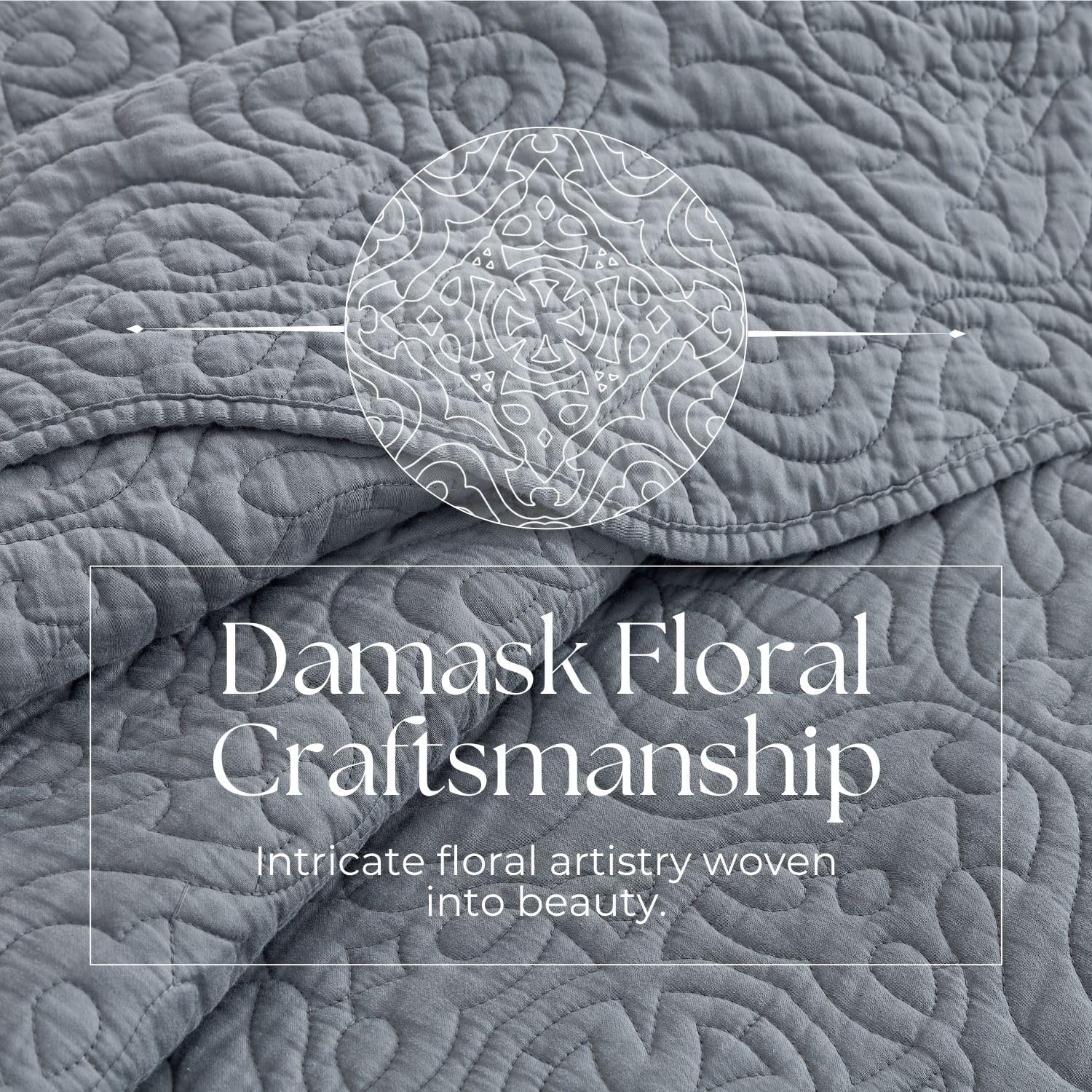 100% Cotton Sateen Quilt Set | Silky Soft & Breathable | Elegant Medallion Damask Pattern | Lightweight Cotton Fill | All-Season Bedding | Queen Size 3-Piece Set, Silverberry Blue, 86"X90" — image 4 of 8