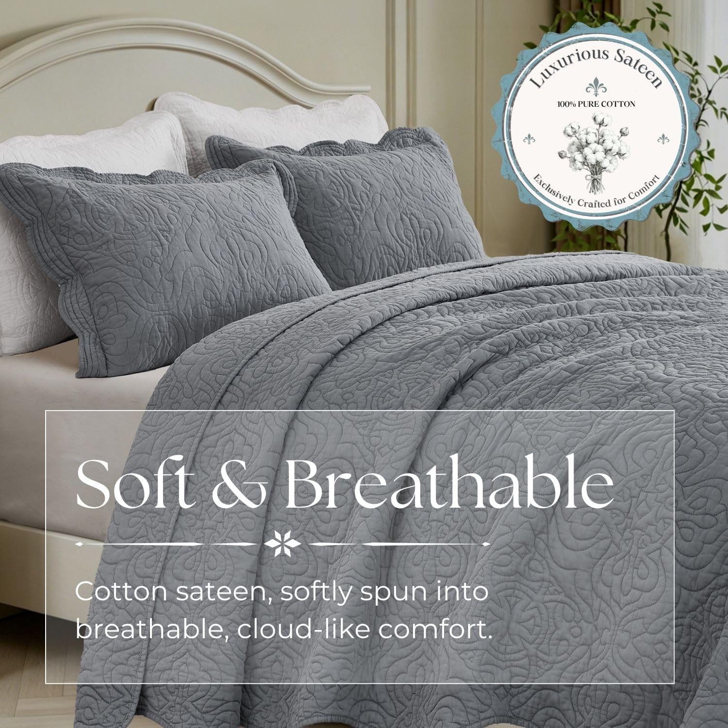 100% Cotton Sateen Quilt Set | Silky Soft & Breathable | Elegant Medallion Damask Pattern | Lightweight Cotton Fill | All-Season Bedding | Queen Size 3-Piece Set, Silverberry Blue, 86"X90" — image 6 of 8