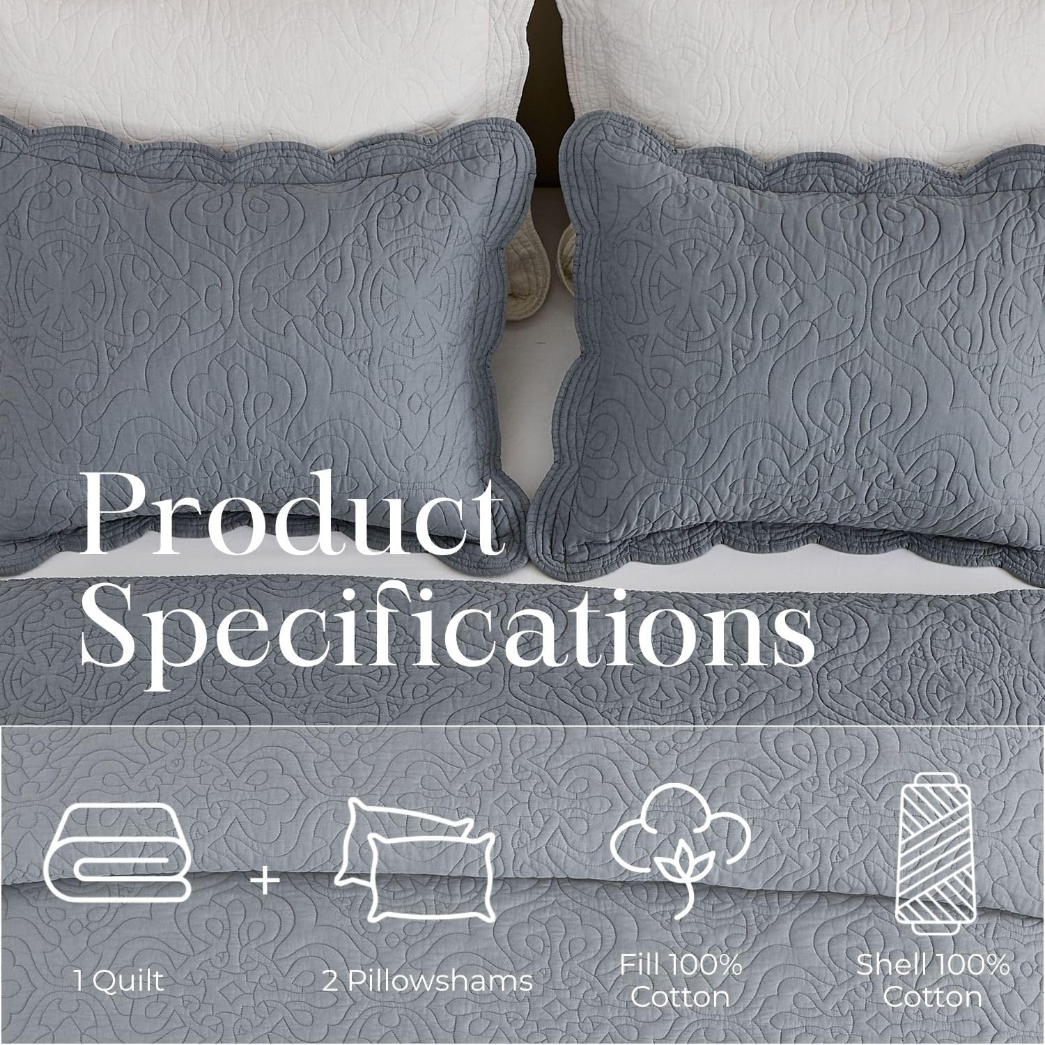 100% Cotton Sateen Quilt Set | Silky Soft & Breathable | Elegant Medallion Damask Pattern | Lightweight Cotton Fill | All-Season Bedding | Queen Size 3-Piece Set, Silverberry Blue, 86"X90" — image 7 of 8