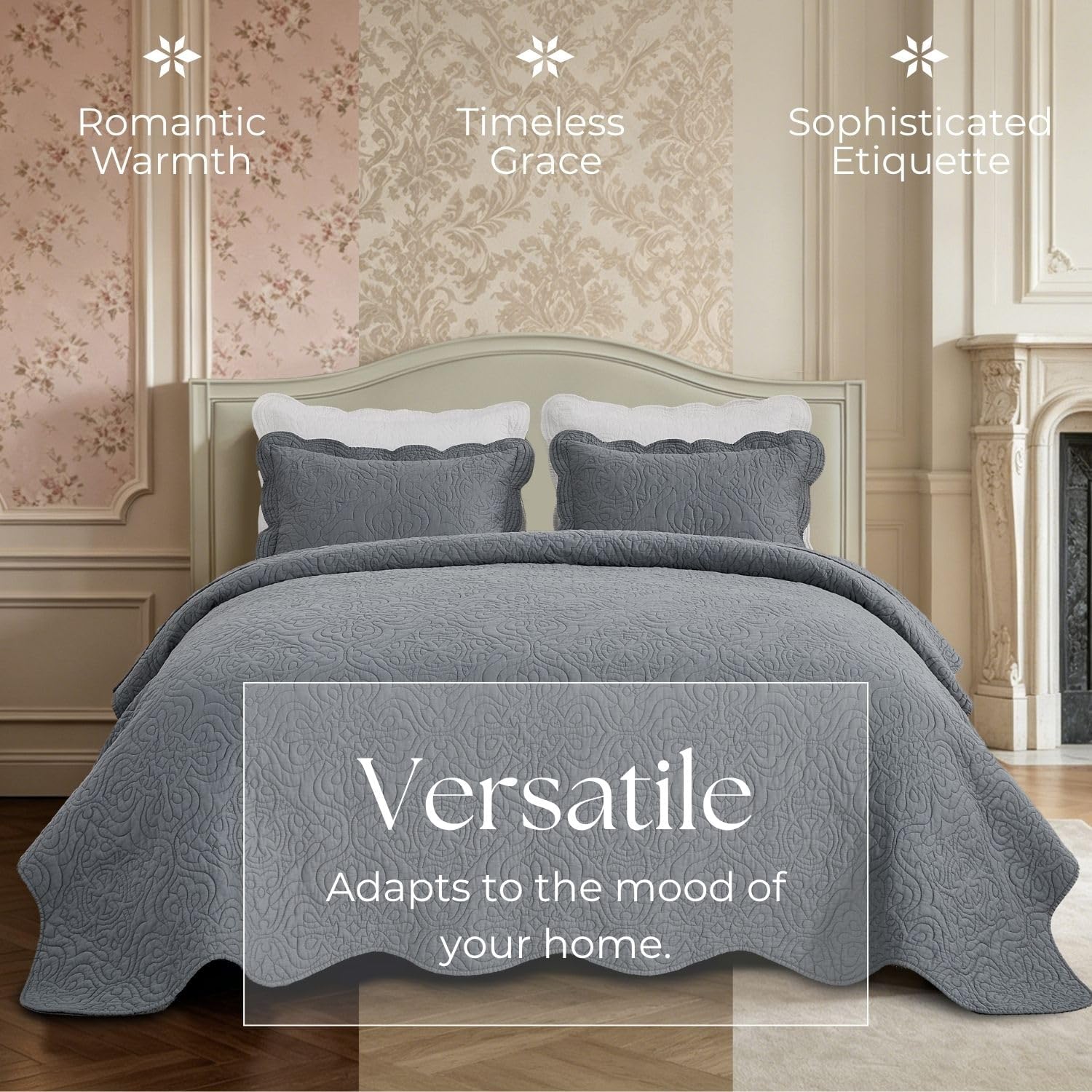 100% Cotton Sateen Quilt Set | Silky Soft & Breathable | Elegant Medallion Damask Pattern | Lightweight Cotton Fill | All-Season Bedding | Queen Size 3-Piece Set, Silverberry Blue, 86"X90" — image 8 of 8