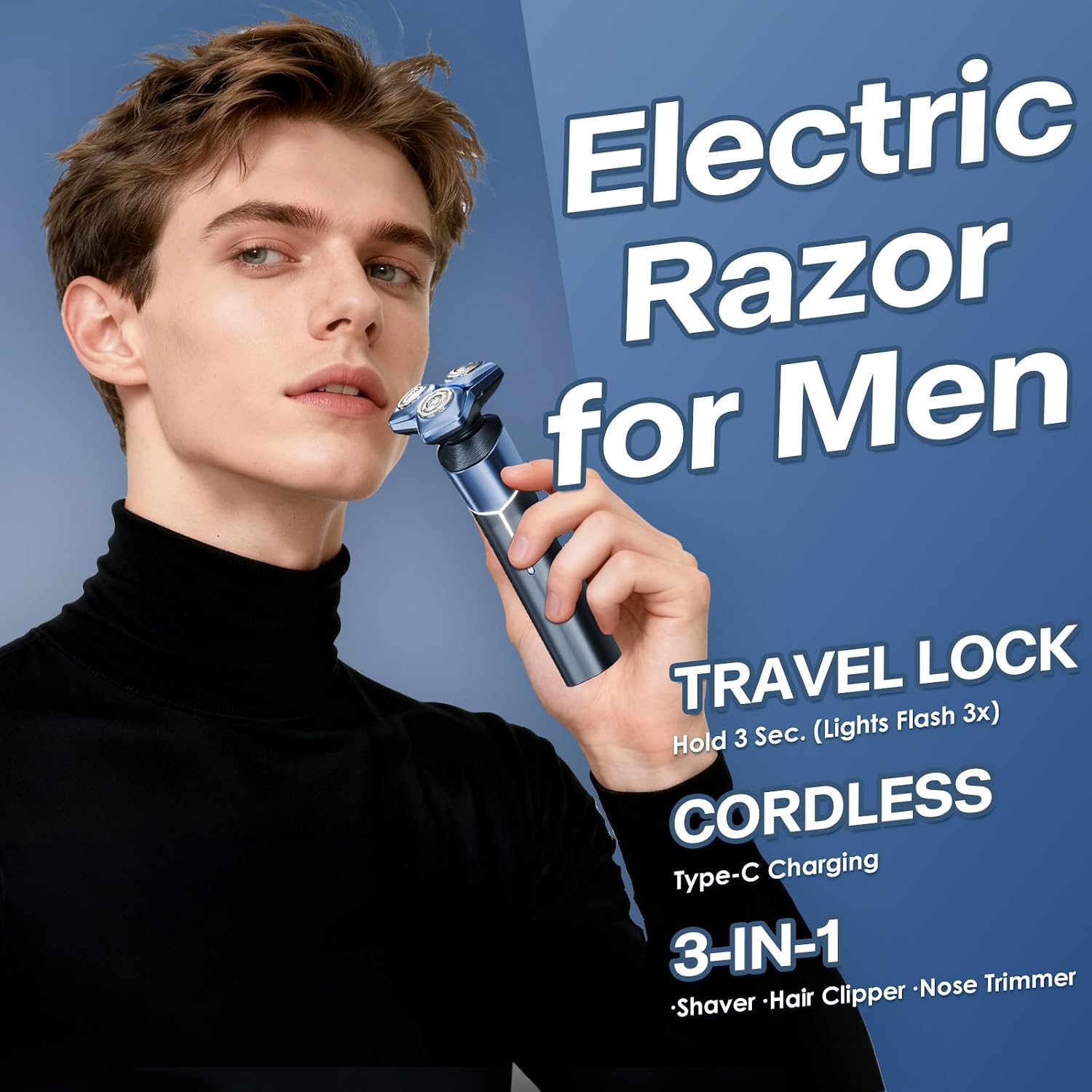 Electric Razor for Men, 3-in-1 Rotary Shaver with Hair Clipper & Nose Hair Trimmer, 10000 RPM High Speed Motor, 3D Floating Heads, USB-C Fast Charging, IPX8 Waterproof, Travel Lock, Unicorn Blue — image 7 of 7