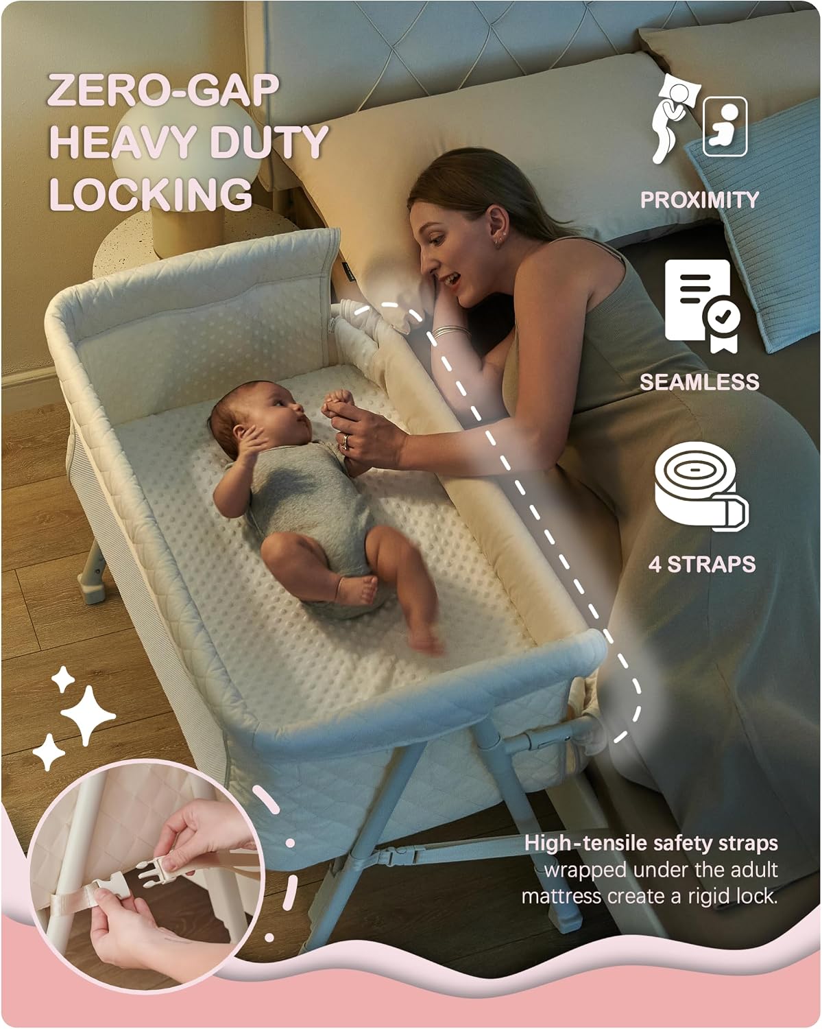 Bassinet Bedside Sleeper, Baby Crib for Newborn, Baby Bassinets Bedside Sleeper with 4 Auto-Lock & Adjustable Height, Breathable Mesh & Mattress, Bedside Bassinet — image 2 of 7