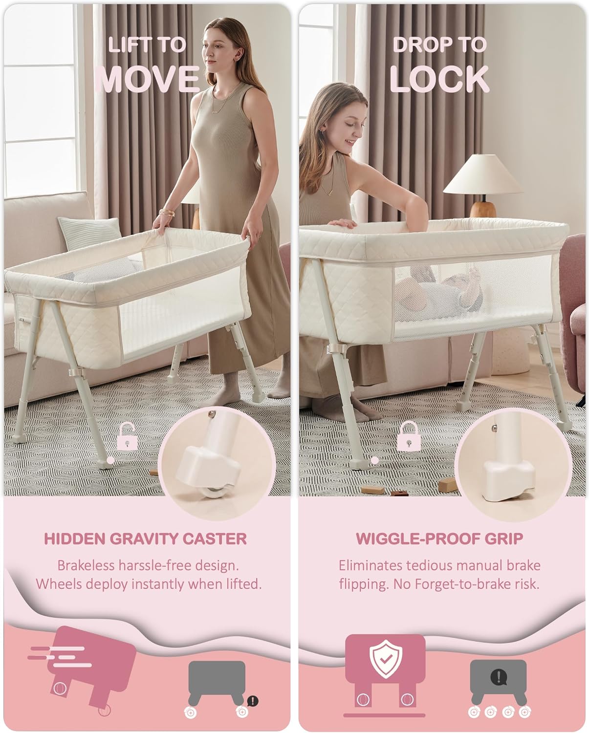 Bassinet Bedside Sleeper, Baby Crib for Newborn, Baby Bassinets Bedside Sleeper with 4 Auto-Lock & Adjustable Height, Breathable Mesh & Mattress, Bedside Bassinet — image 4 of 7