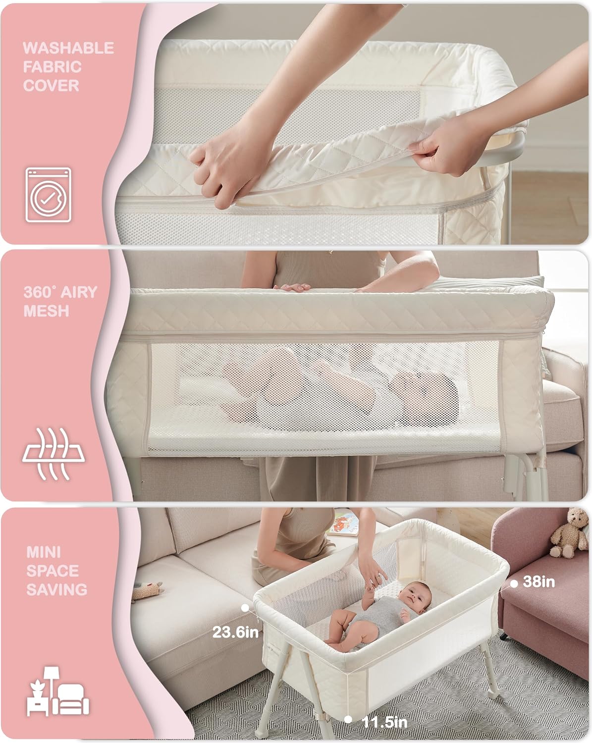 Bassinet Bedside Sleeper, Baby Crib for Newborn, Baby Bassinets Bedside Sleeper with 4 Auto-Lock & Adjustable Height, Breathable Mesh & Mattress, Bedside Bassinet — image 5 of 7