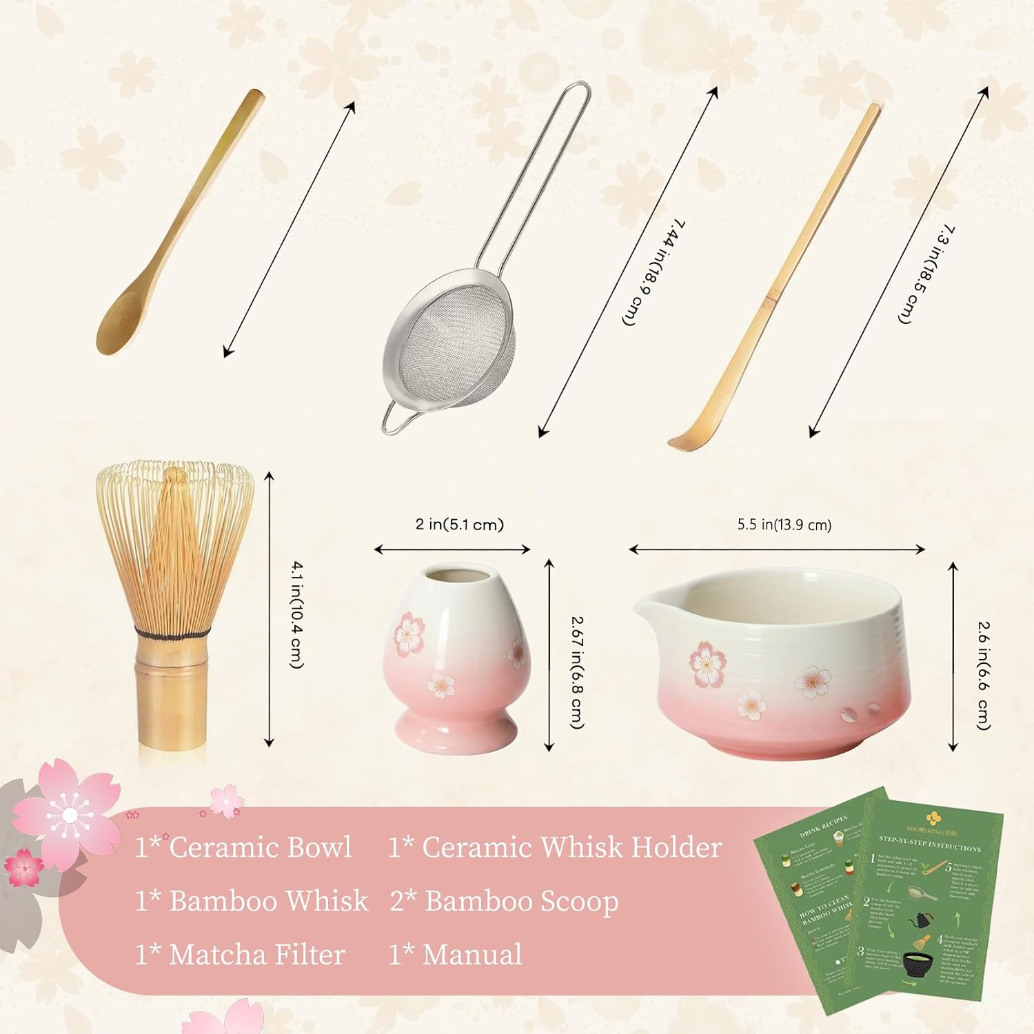 Matcha Whisk Set, 6 pcs Ceramic Matcha Set Kit Includes Bowl & Holder, Bamboo Whisk (Chasen), Sifter, Scoop & Spoon For Ceremony, Mother’s Day Gift for Women, Sakura — image 7 of 9