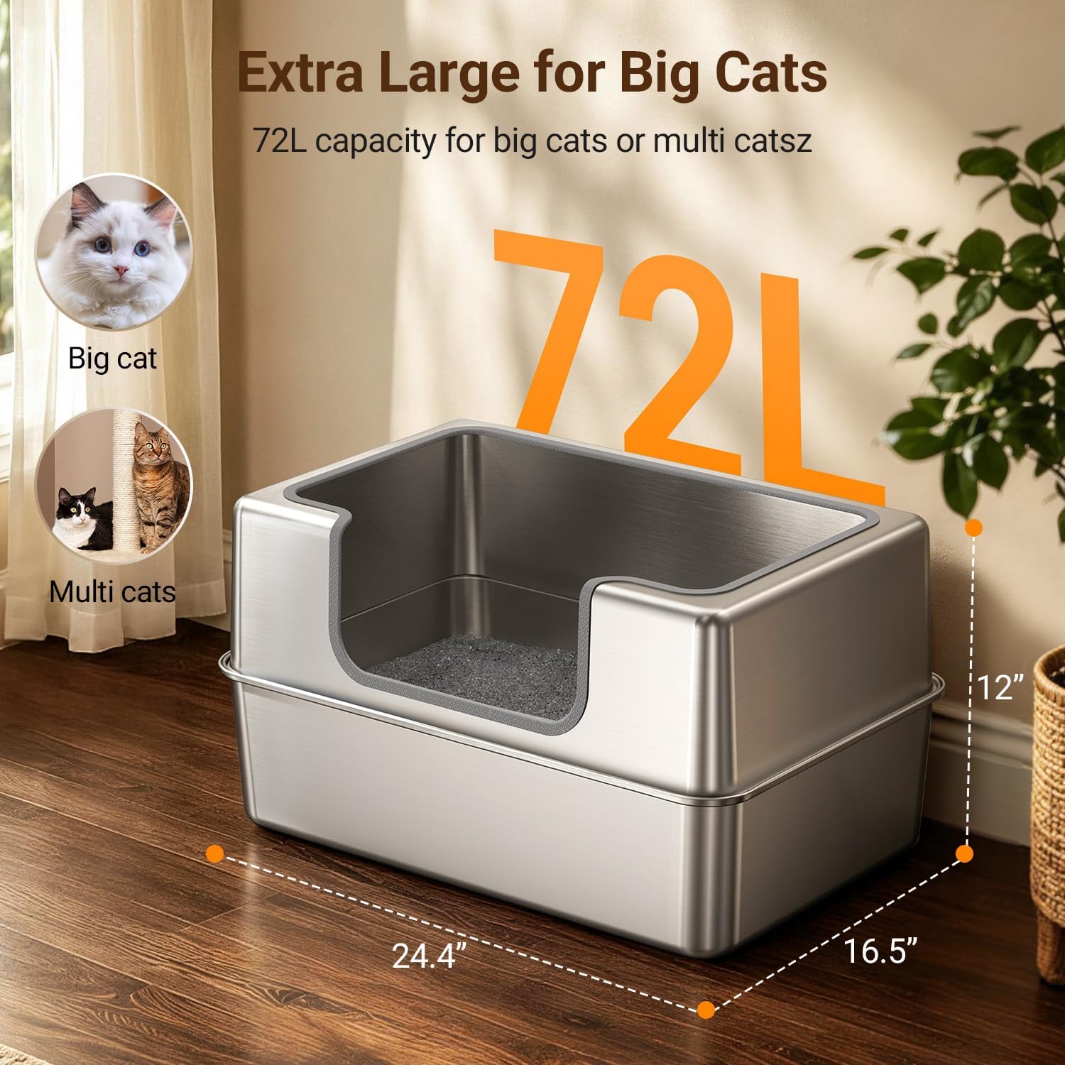 Non-Stick Entirely Stainless Steel Litter Box Splash-Proof & Leak-Proof — image 2 of 7