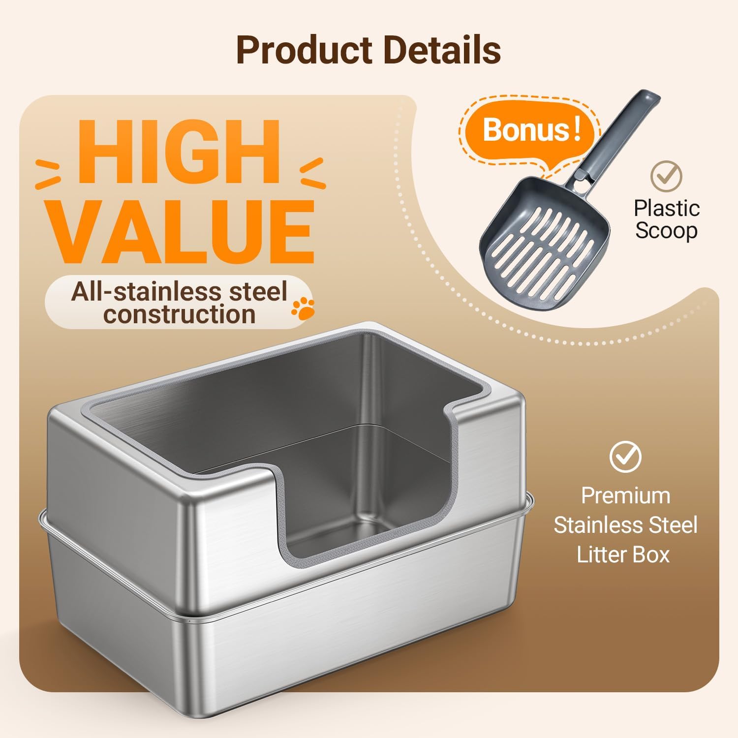 Non-Stick Entirely Stainless Steel Litter Box Splash-Proof & Leak-Proof — image 7 of 7