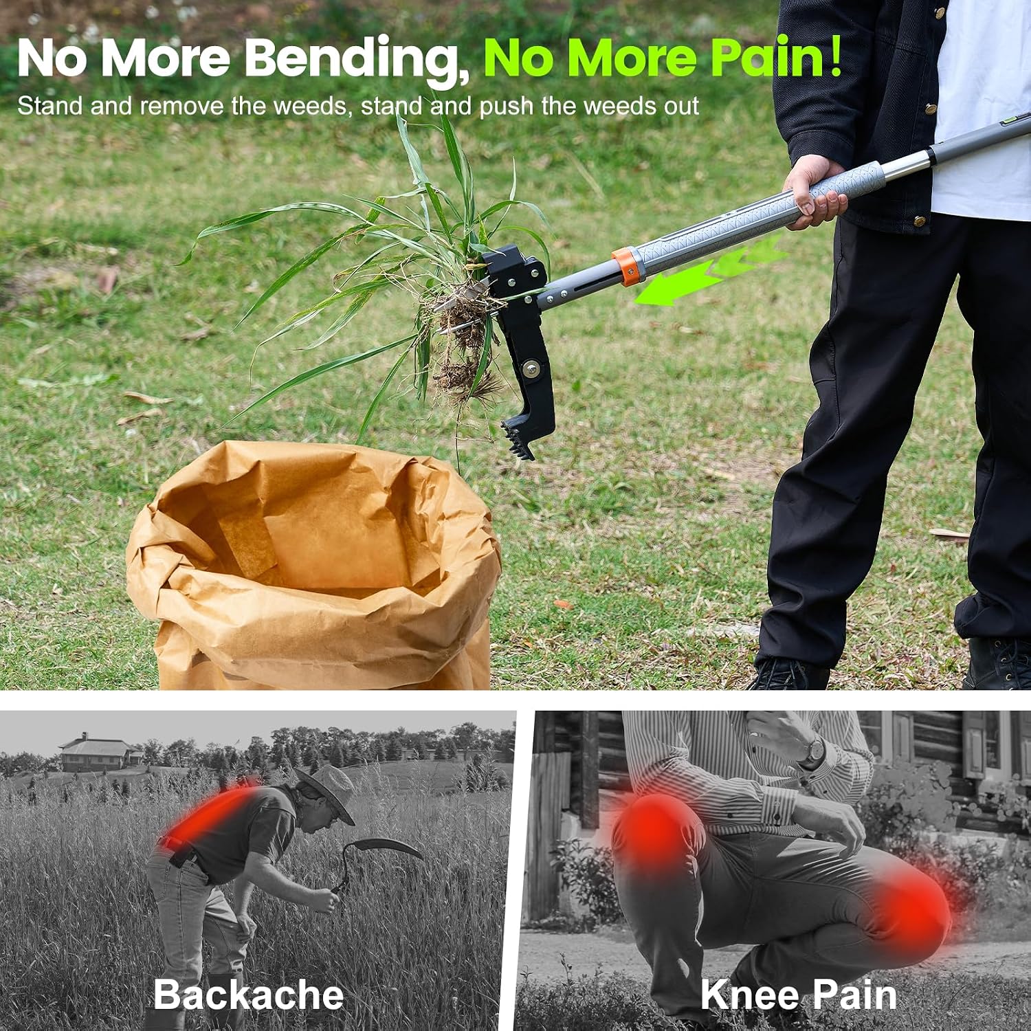 Weed Puller Tool, 4-Claw Steel Head Stand Up Weeder, 39"-46" Adjustable Handle & Easy Eject, Root Weed Remover for Dandelion, Thistle & Crabgrass, No Bending — image 4 of 8